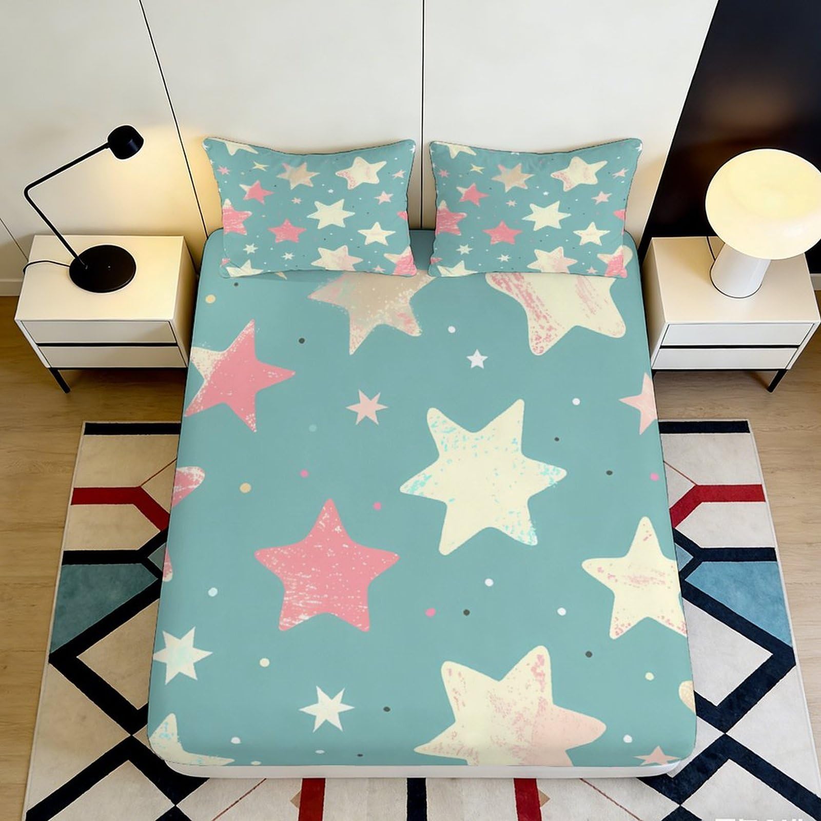 3D Printed Pastel Star Fitted Sheet Microfiber Soft Bedroom Decor Cartoon Star Mattress Cover for Home Dorm Use 90x200x25cm