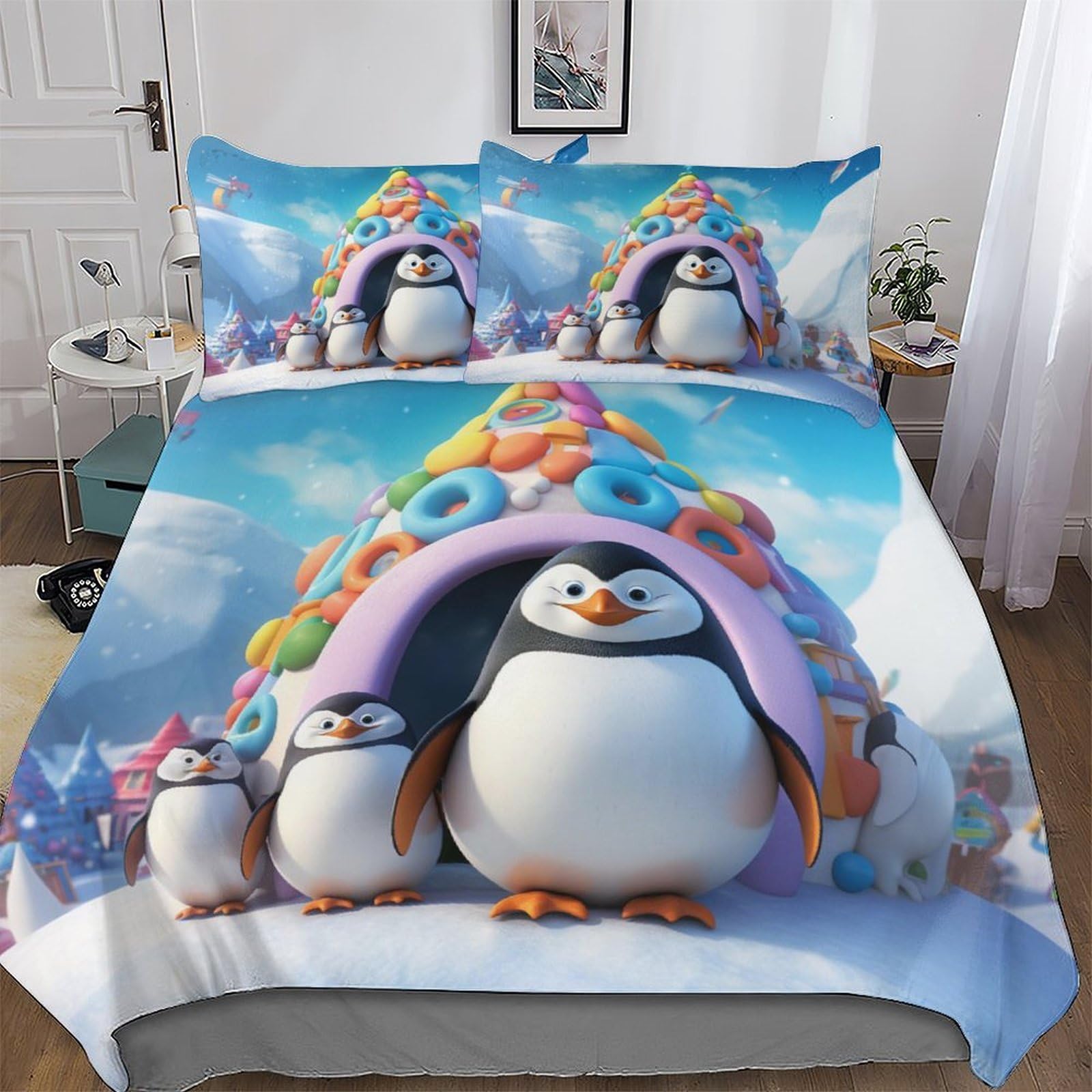 PAZZK Cute Penguin Duvet Cover Set, Bedding Linen Set, Ultra Soft Comforter Cover with Zipper Closure 2 Pieces, Quilt Cover with Pillowcase for Kids, Youth And Adult Single (135x200cm)