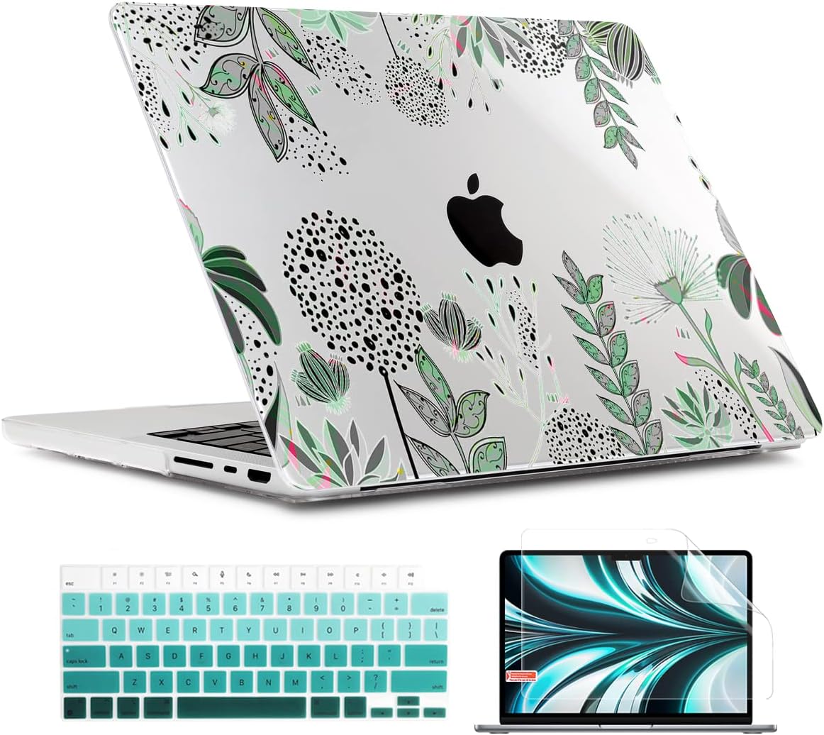 TWOLSKOO Compatible with MacBook Pro 14 inch Case 2023 2022 2021 Release M2 A2779 M1 A2442 Pro/Max Chip with Touch ID, Plastic Hard Shell Case & Keyboard Cover & Screen Protector, Garden Floral