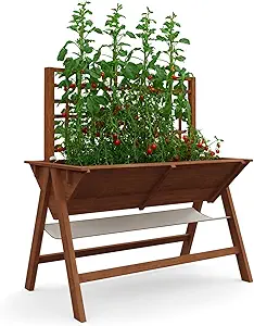 52x30x54In Elevated Garden Bed with Legs, Tall Wooden Planter Box with Climbing Trellis, Outdoor Standing Raised Bed for Vegetables, Flowers, and Herbs-Brown