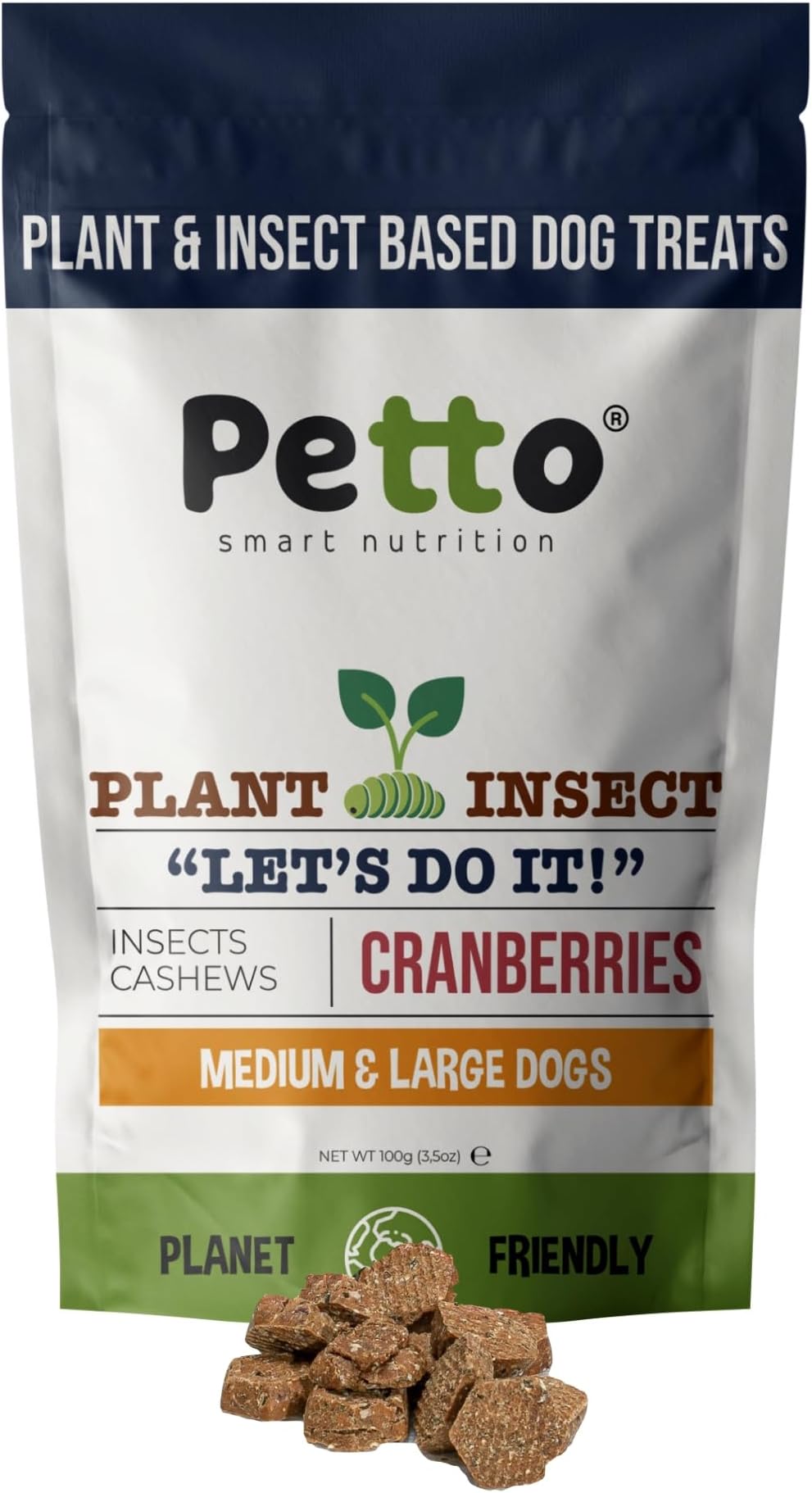 Petto Plant & Insect Based Hypoallergenic Dog Treats 100g | Healthy & Meat-Free Training Bites | Human Grade & Bakery Made with Crickets, Cashews & Cranberries