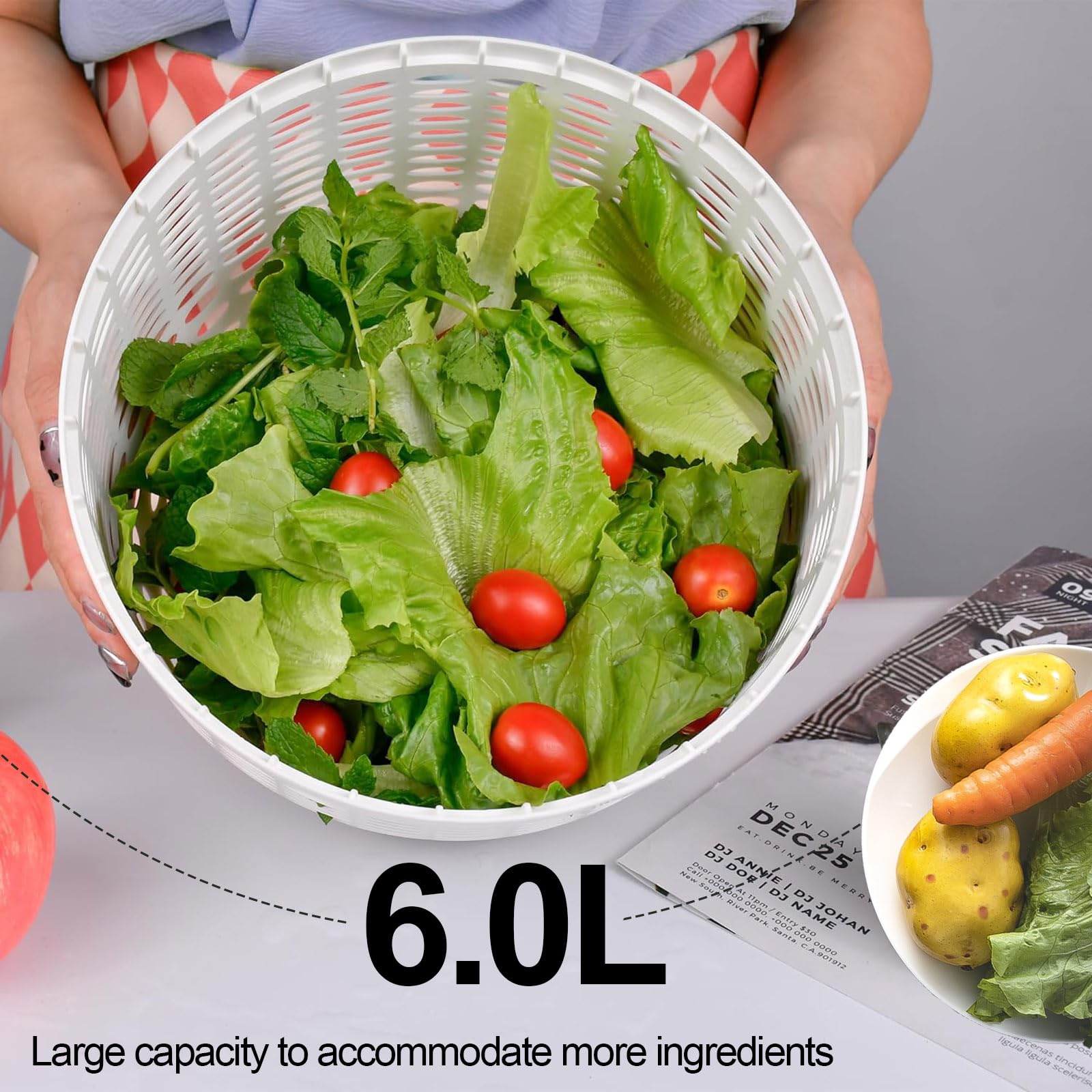 Salatschleuder 6L Automatischer Salatzubereitungsset Salattrockner, Salattrockner Salatmanager mit Deckel, Groß Salat trockner, Dry Salatschleuder für Waschen Trocknen von Obst Gemüse