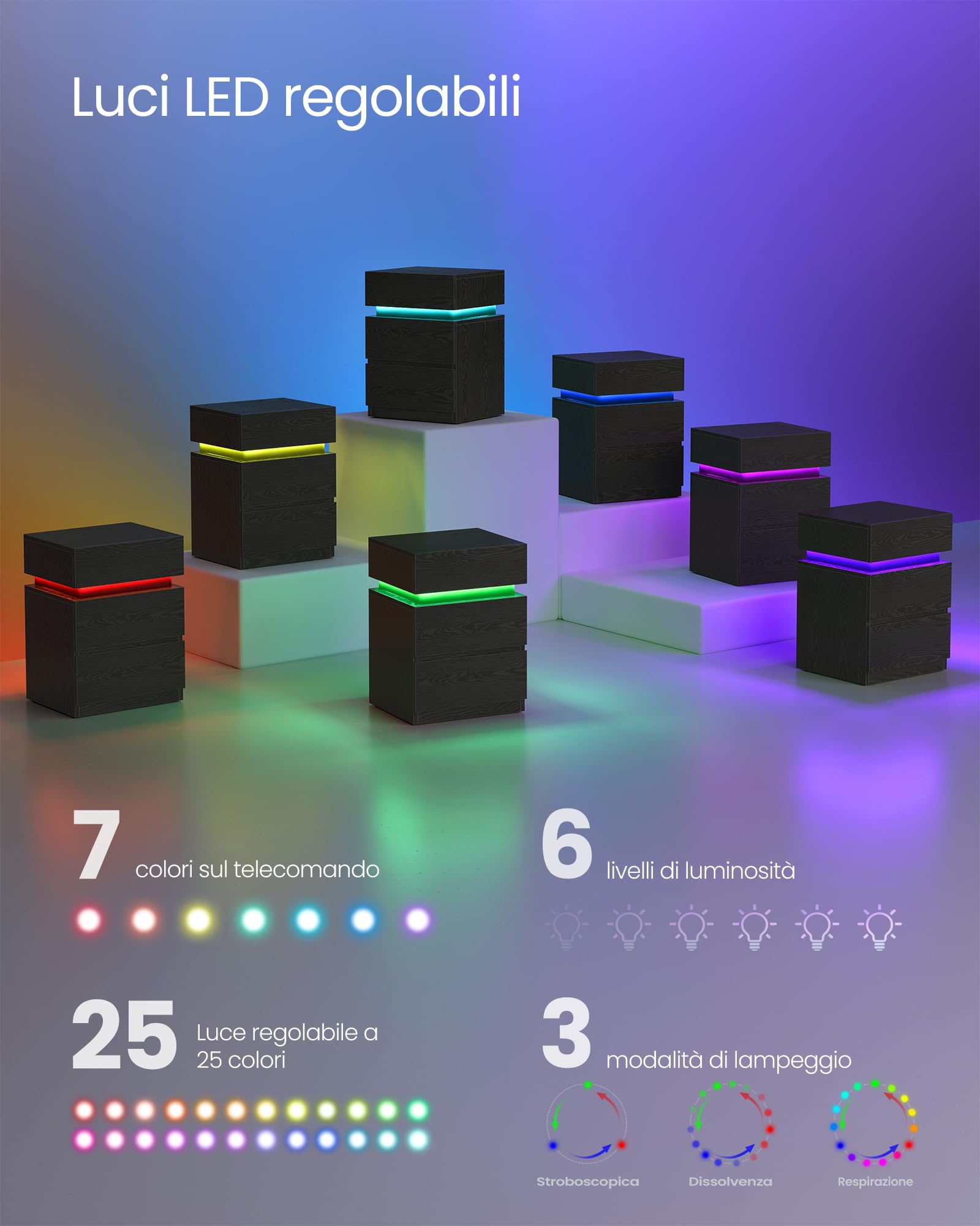 VASAGLE KAILYN Collezione - Comodino con Striscia Luminosa di Luci a LED Multicolore Variabile, 3 Cassetti, Tavolino in Stile Moderno, 35 x 40 x 55 cm, Nero Effetto Legno LET630T56