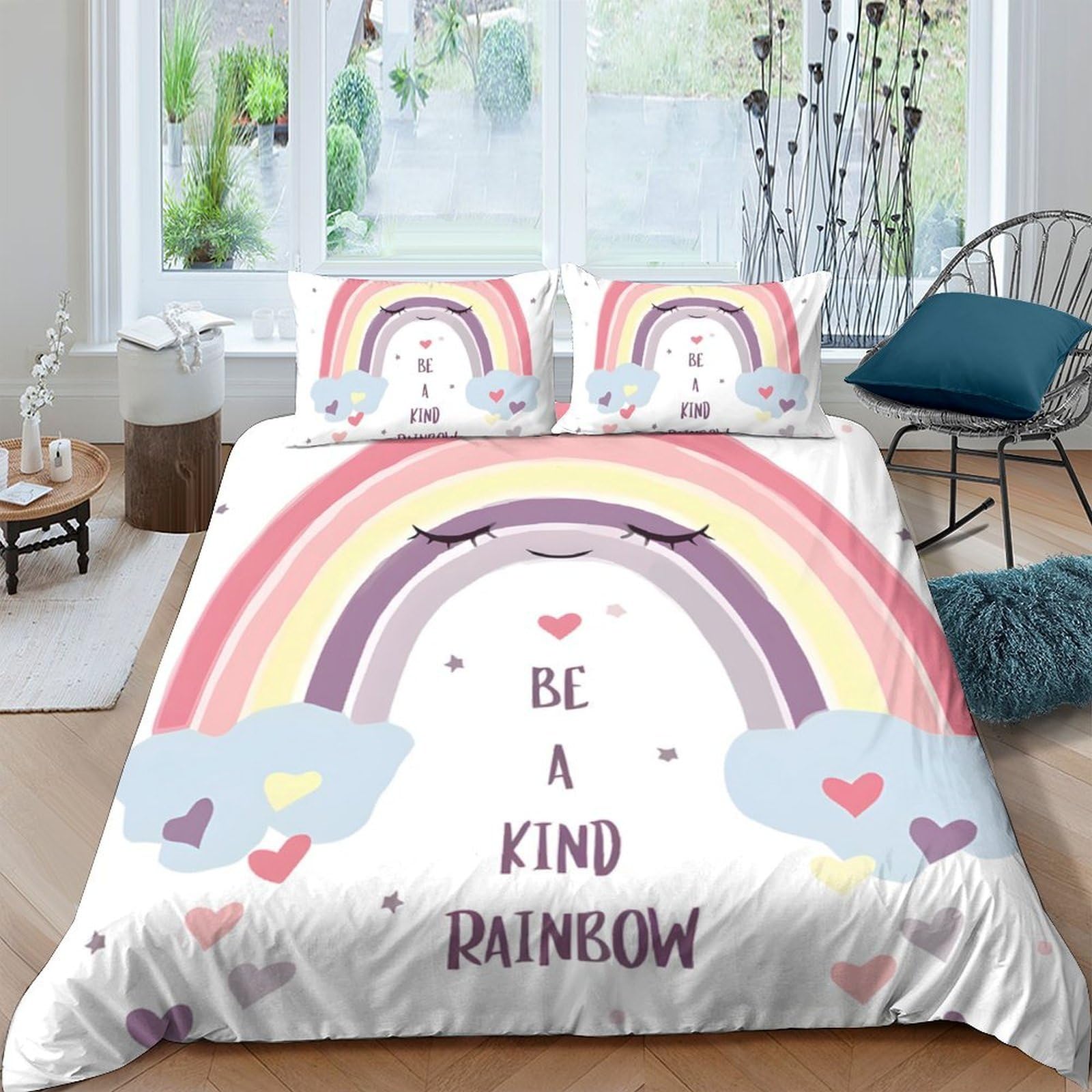 Ctjqhvkz Style-8 3D Printed Rainbow Cloud Fitted Sheet Microfiber Soft Pastel Hearts Bed Sheet For Bedroom Guest Room Decor Single（135X200cm）