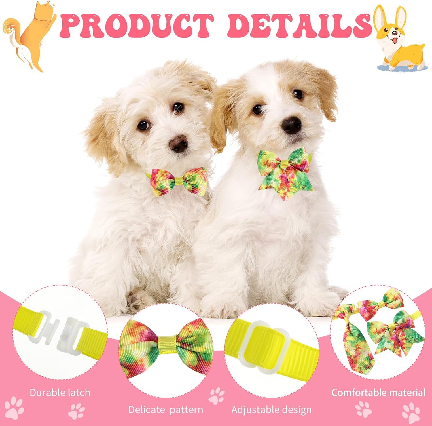 Reginary 100 Pieces Dog Bow Tie Collar Set Include 40 Dog Neckties, and 30 Puppy Bowties, 30 Collar Flowers, Adjustable Pet Ties Grooming for Small Medium Cats Pets Supply(Tie-dye)