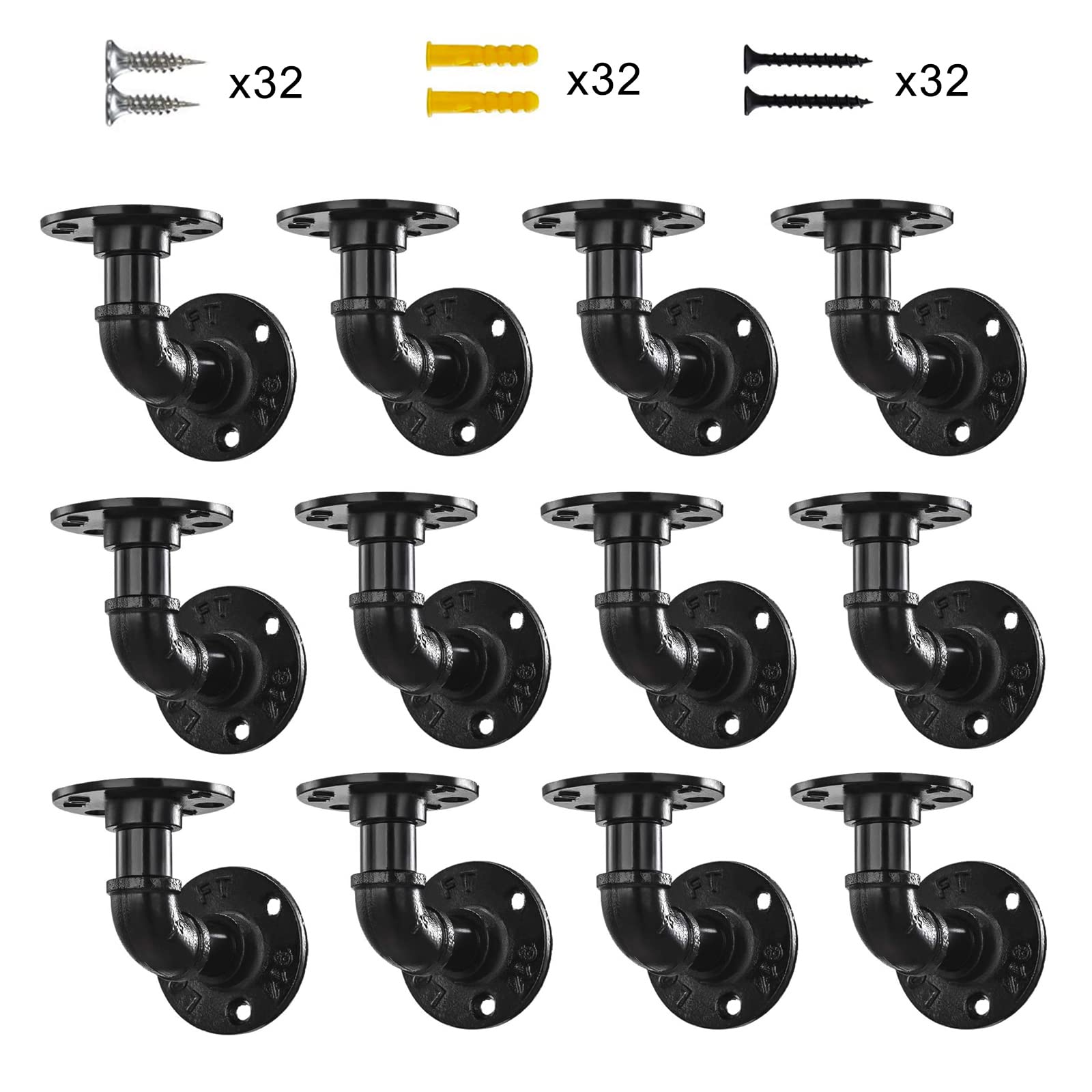 12 Pack Industrial DIY Pipe Shelf Brackets ,Vintage Black Iron Wall Mount Pipe Shelving Bracket, Rustic Home Pipe Shelf