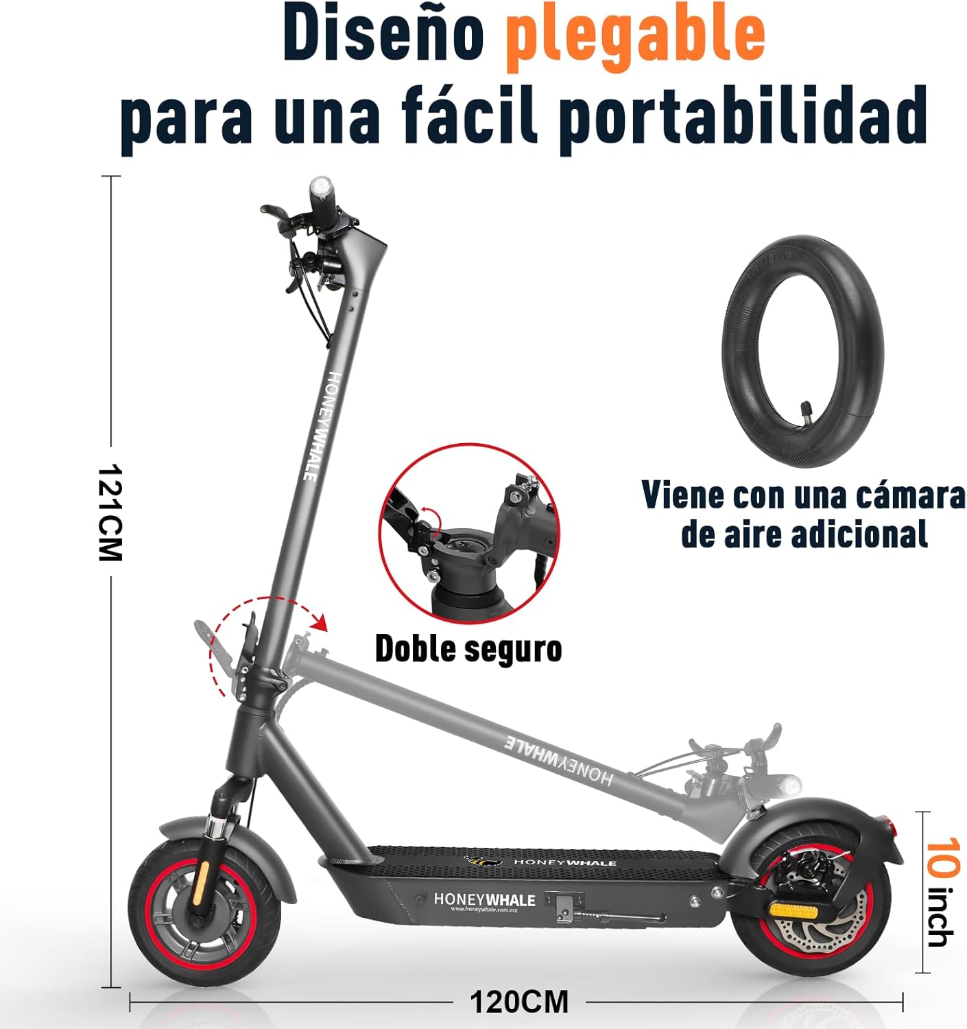 Image demonstrating the HONEYWHALE E9 MAXS electric scooter's foldable design, showing its dimensions (120cm length, 121cm height) and the inclusion of an additional inner tube.