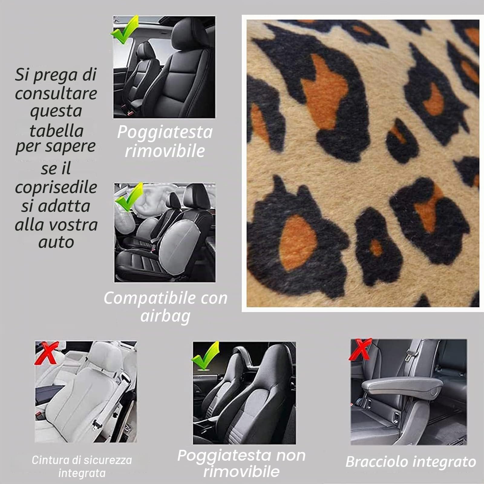 Audel Zebra Set di coprisedili per auto, con 2 imbottiture per cinture di sicurezza e coprivolante universale da 38 cm, adatto per auto, camion, SUV o furgone (leopardo)