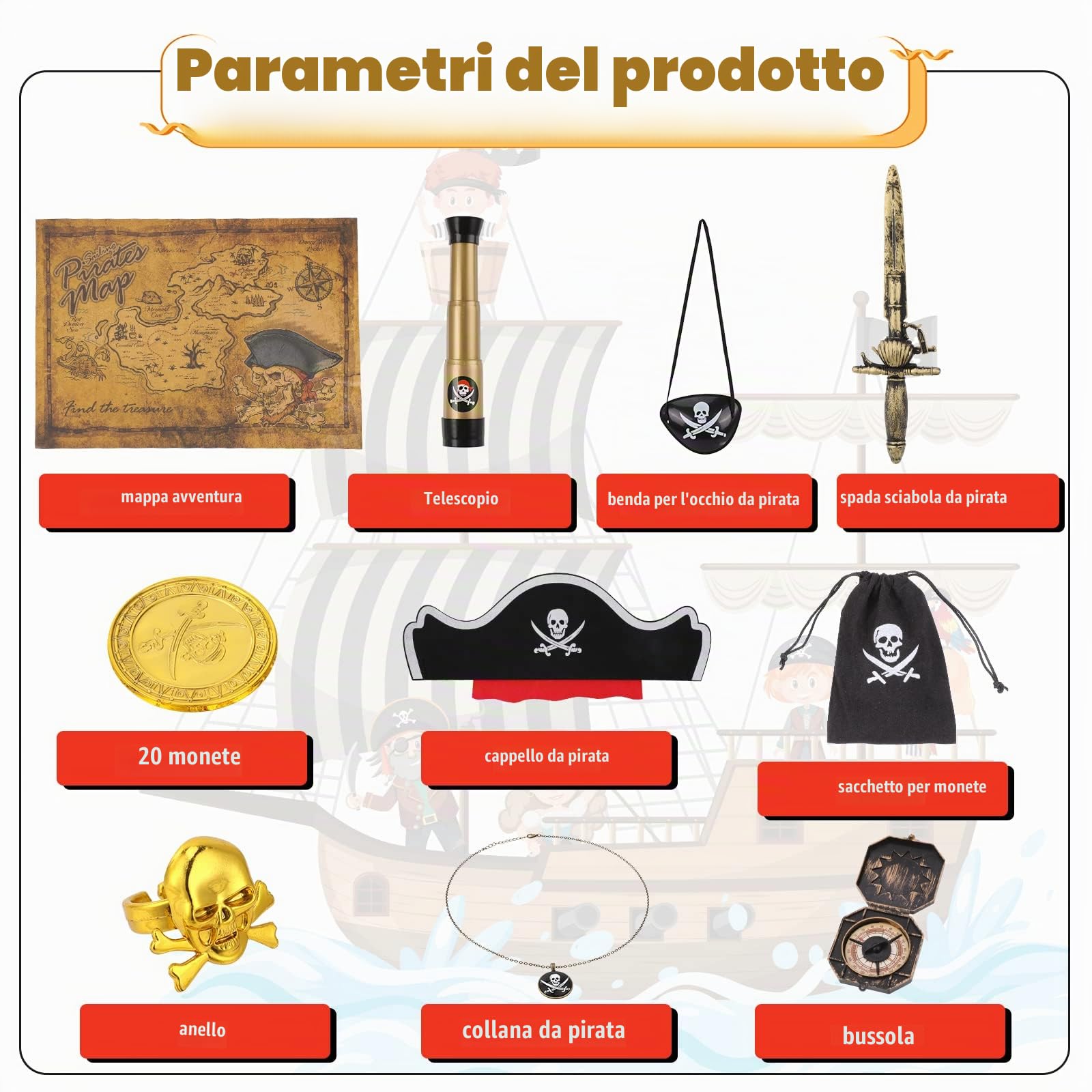 Hifot 29 Pezzi Accessori Costume da Pirata, Pirata Cappello Capitano Binocolo Monete Collana Benda sull'Occhio da Pirata Halloween Carnevale Feste Pirata Cosplay per Bambini Adulti