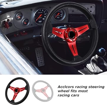 Universal Racing Steering Wheel, Drifting Steering Wheel, Gaming Steering Wheel, 13.6 Inches, 6 Screws Grip Vinyl Leather with Horn Button for Racing, Rally, Motorsport, Car Simulation (Red)