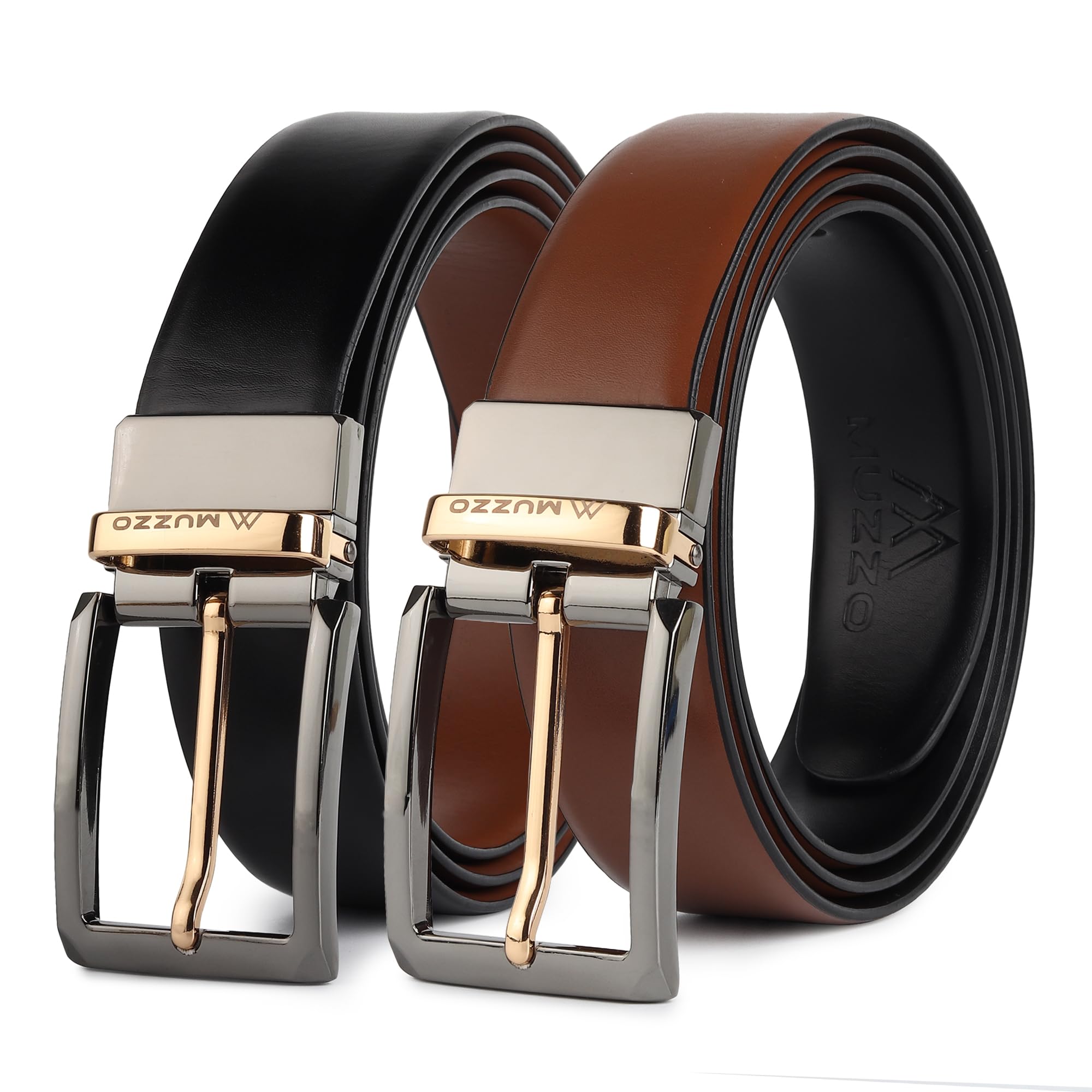 muzzo Men's Reversible Leather Belt, Black and Brown, Dual Tone Buckle | Office & Casual Wear | Stylish Metal Buckle-picture-17