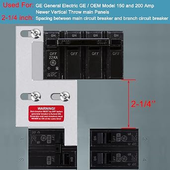 Generator Interlock Kit for GE General Electeric 200 Amp or 150 Amp Vertical Main Breaker Panels, 2 1/4 Inch Spacing Between Main and Branch Breaker, Vertical Interlock Kit