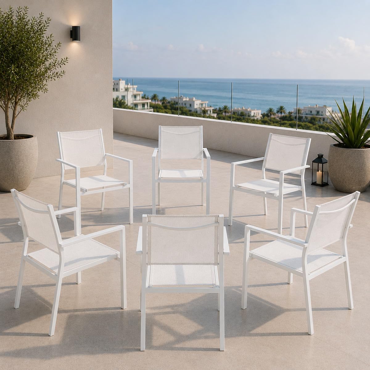 Yellowshop - HILL Set 6 sedie da giardino esterni con braccioli struttura in alluminio e textilene Antracite, Bianco o Coffee (Bianco)