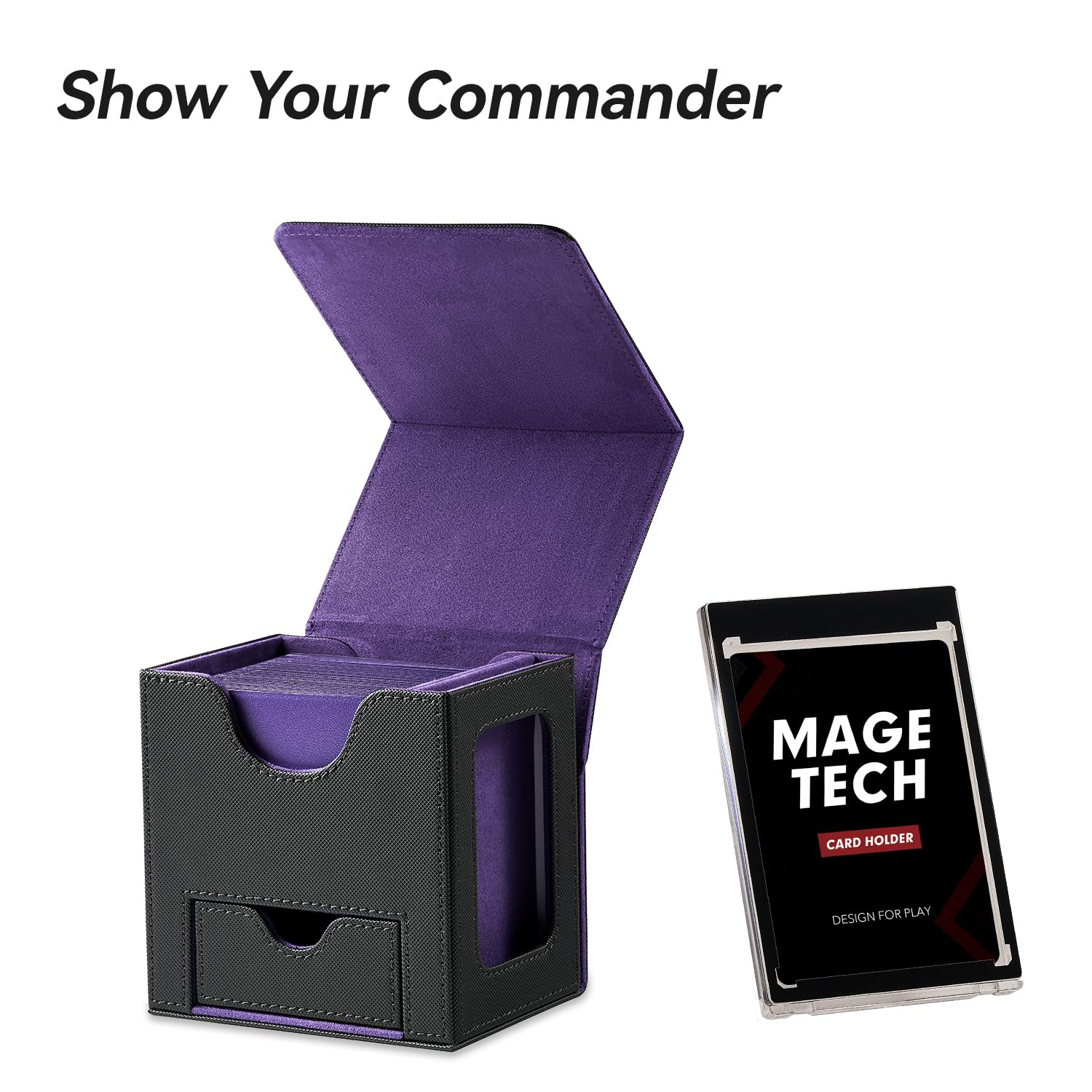 Mage Tech Commander Deck Box per MTG - Design Brevettato, Vetrina Commander, Adatta a 100 Carte Double-Sleeve, Porta Carte Magnetico da 35pt & Vassoio per Dadi - Nero/Viola