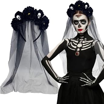 Gothic Flower Headband with Veil Day of The Dead Rose Floral Skull Crown Headpiece for Women Halloween Cosplay