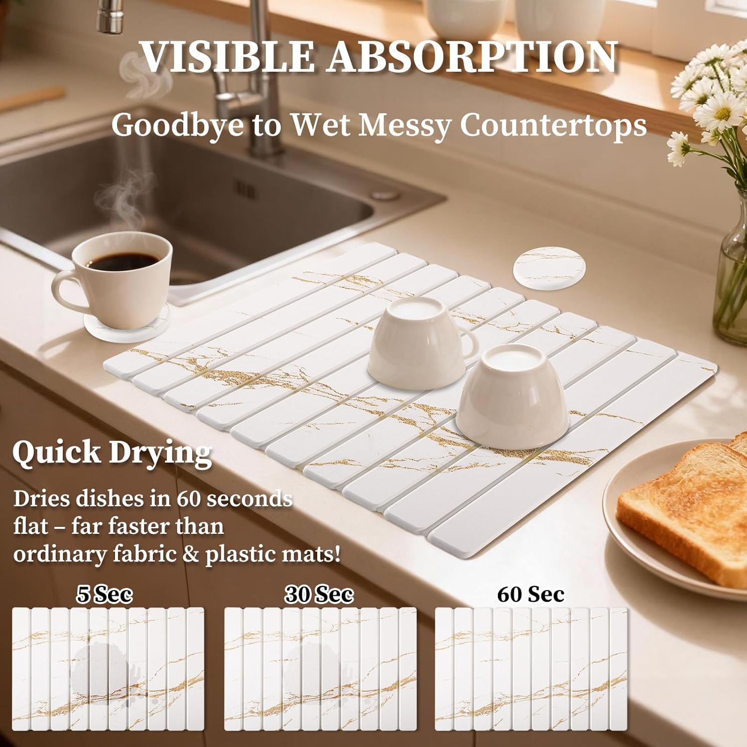 3 PCS Stone Dish Drying Mat for Kitchen Counter, Large Quick Dry Stone Dishes Mats, Coasters for Drinks, Foldable Water Absorbing Diatomaceous Earth Drying Pad for Countertop Bottles Utensils Cups