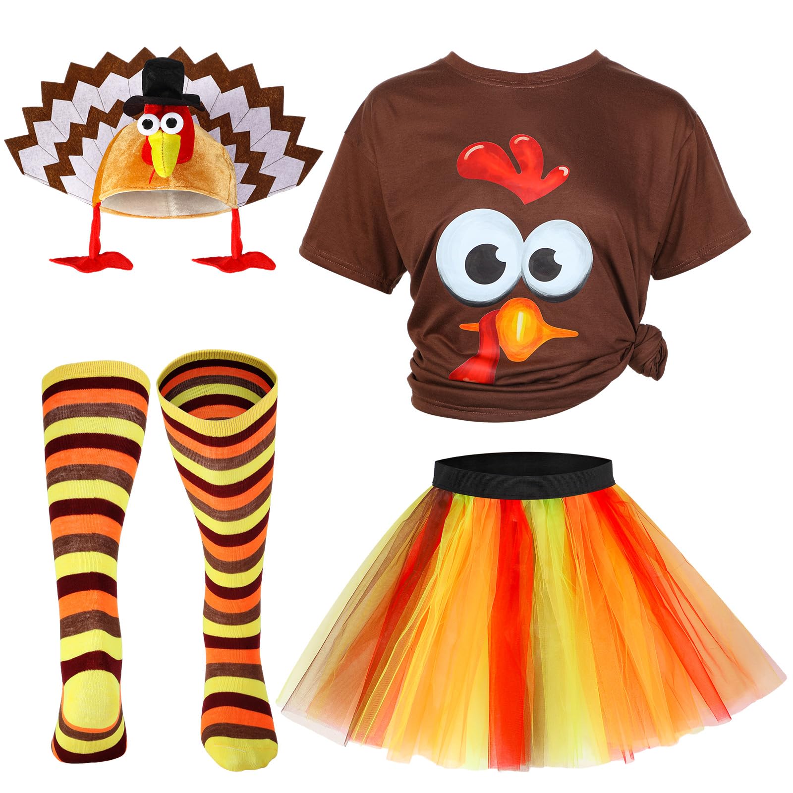 HooLing 4 Pcs Thanksgiving Turkey Costumes Set for Women Turkey Face T Shirt Tutu Skirt Knee High Socks Gobbler Hats(Large,Brown)