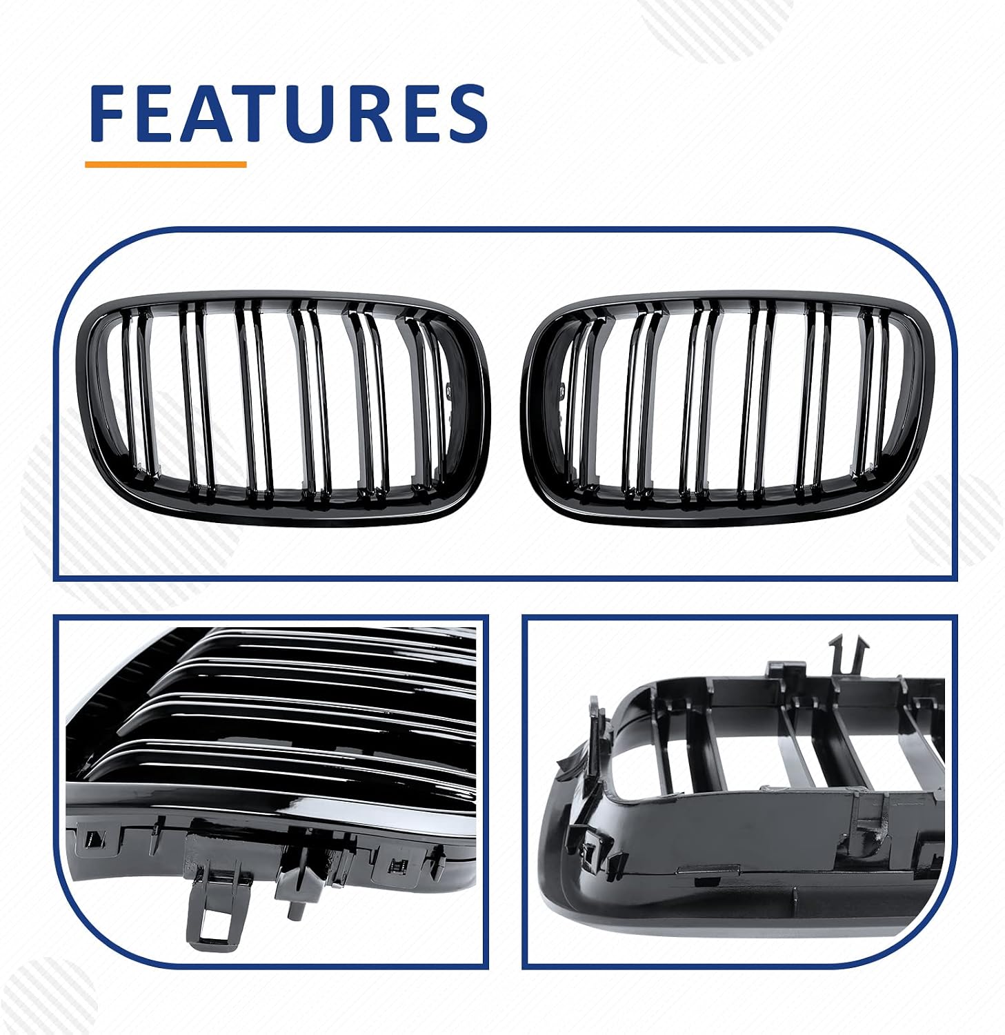 PENSUN Front Bumper Kidney Grille Grill Fit for 2007-2013 BMW X5 E70 / 2008-2014 X6 E71, Gloss Black Double Slats