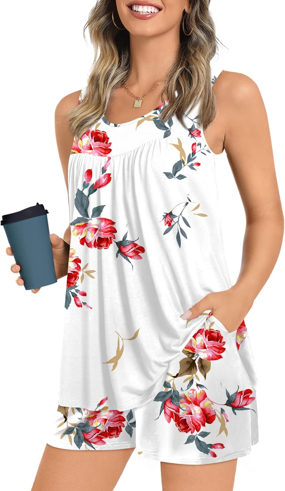POPYOUNG2024 Summer 2 Piece Womens Pajama Sets Sleeveless Casual Lounge Sleepwear Ladies Pjs Sets with Pocket