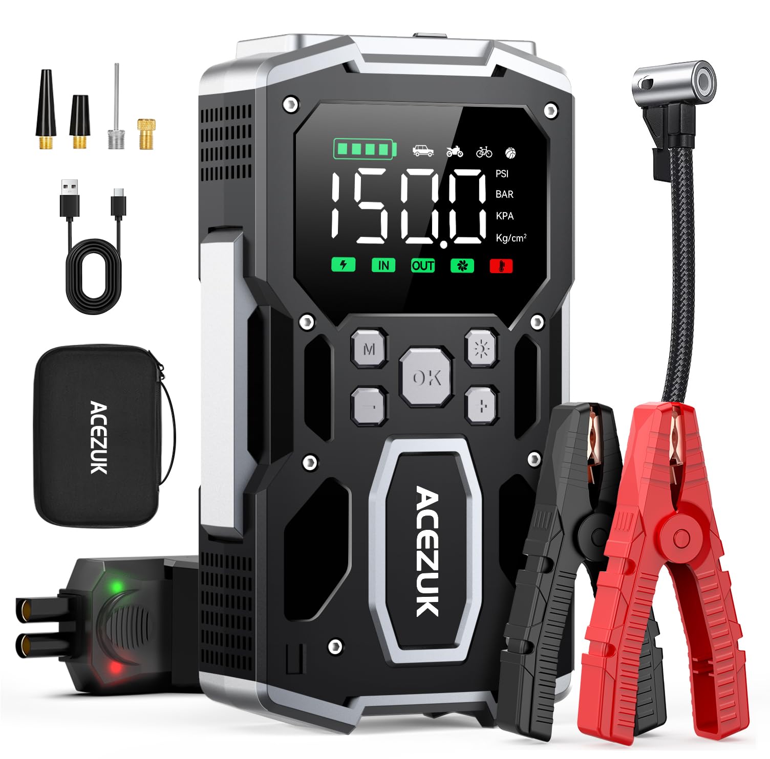 ACEZUK Arrancador de Batería de Coche 8000A, Compresor de Aire 150PSI, Arrancador de Coches para Vehículo(Toda Gasolina o 10L Diésel), 12V Jump Starter con 400-Lumen LED