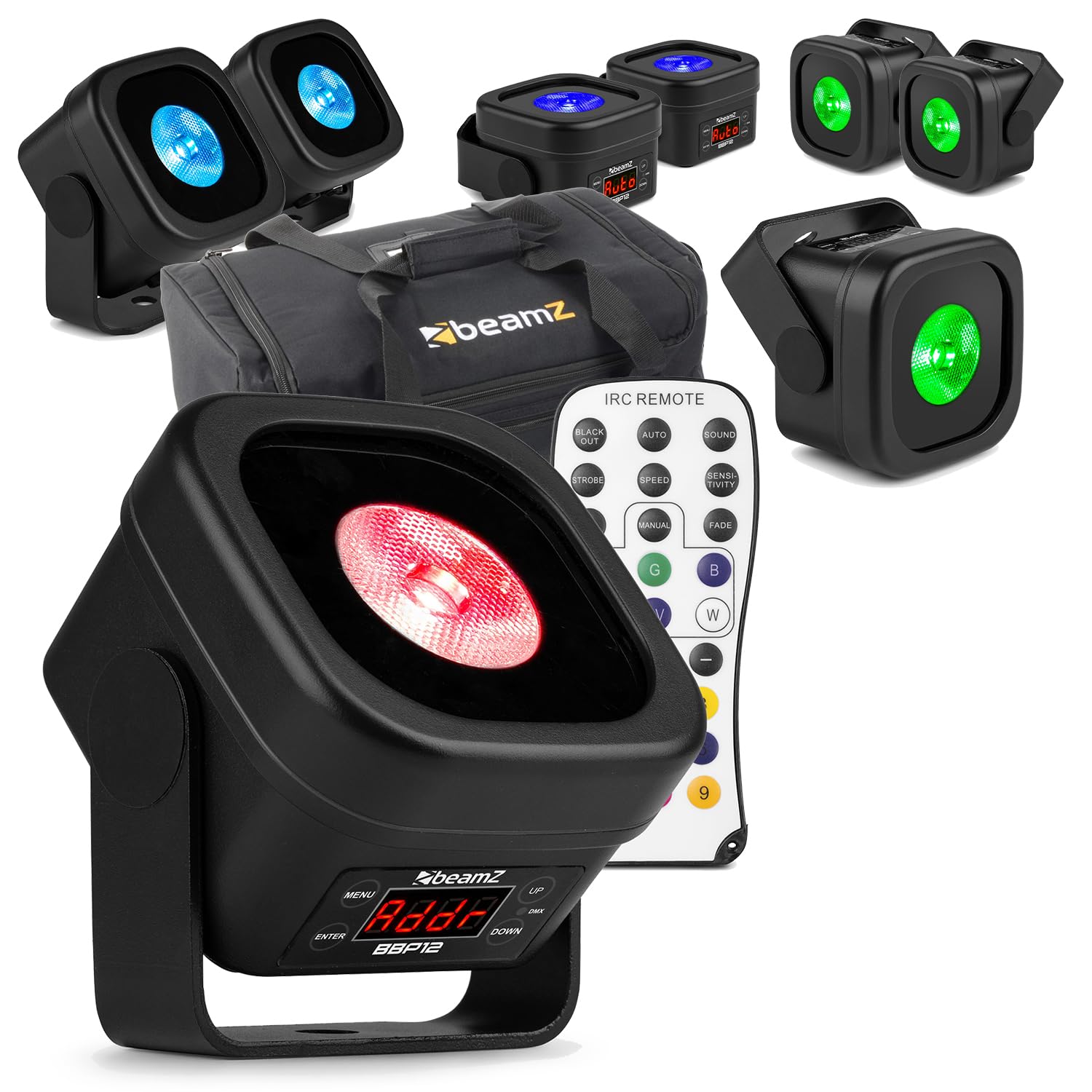 BeamZ 8-Light Wireless Battery Uplighter Outdoor Package with Soft Carry Bag, 12W Waterproof RGBAL, Wireless DMX, IP65, 15hr Battery, Wedding Garden Event Lighting Set