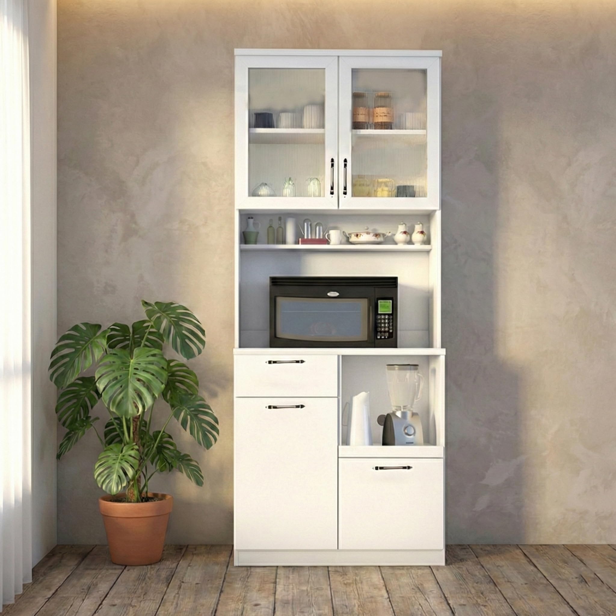 Alpine Willow Crockery Cabinet with Glass Doors (Free Installation) I Organizer Rack I Crockery Unit I Pantry Unit I Microwave Stand I Kitchen Storage cabinets I Hutch I Frosty White