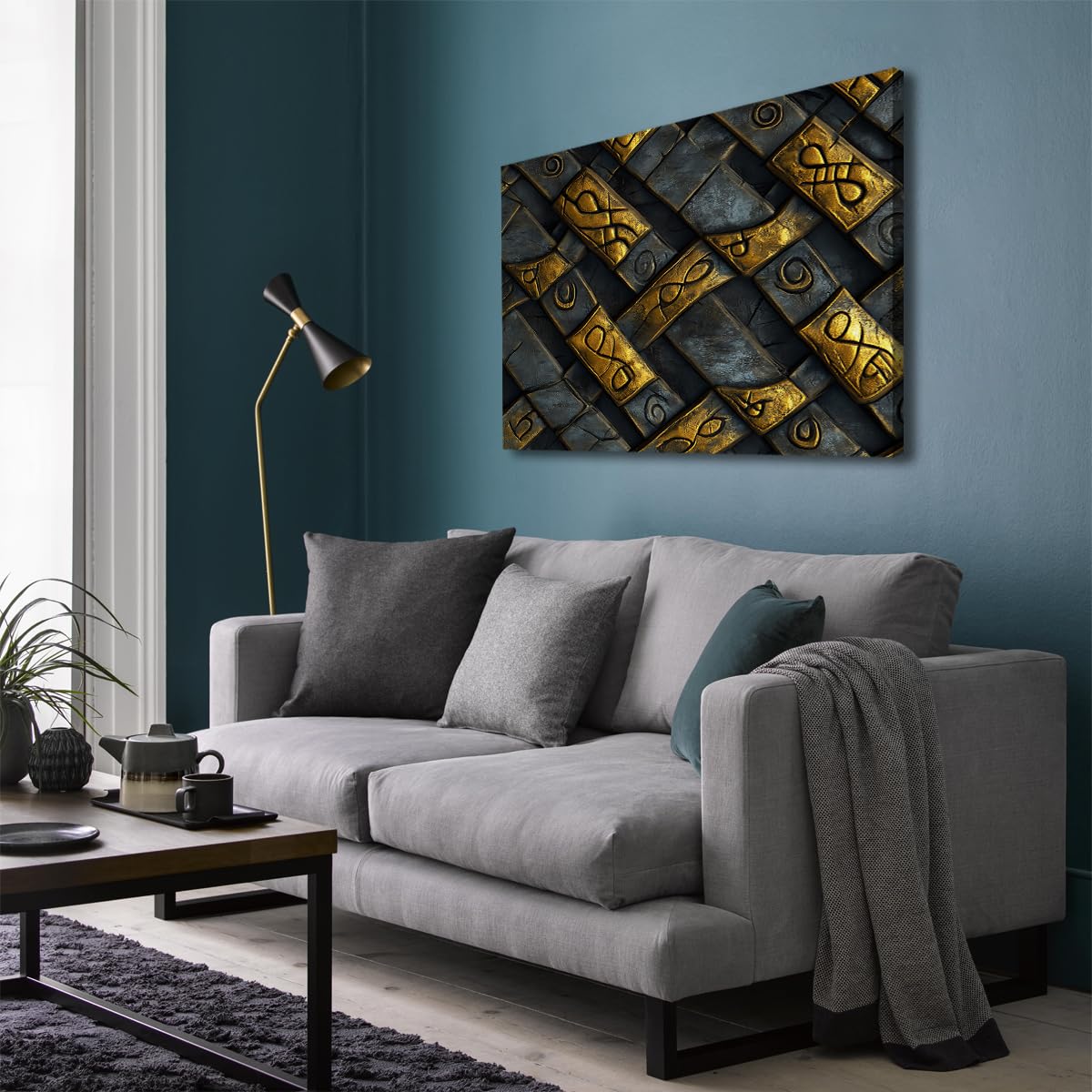Via Vela Art mural en toile runique viking ancienne affiche de mythologie nordique peinture murale abstraite or en métal noir peinture murale pour la caverne de l’homme décor murale du bureau 50x60cm