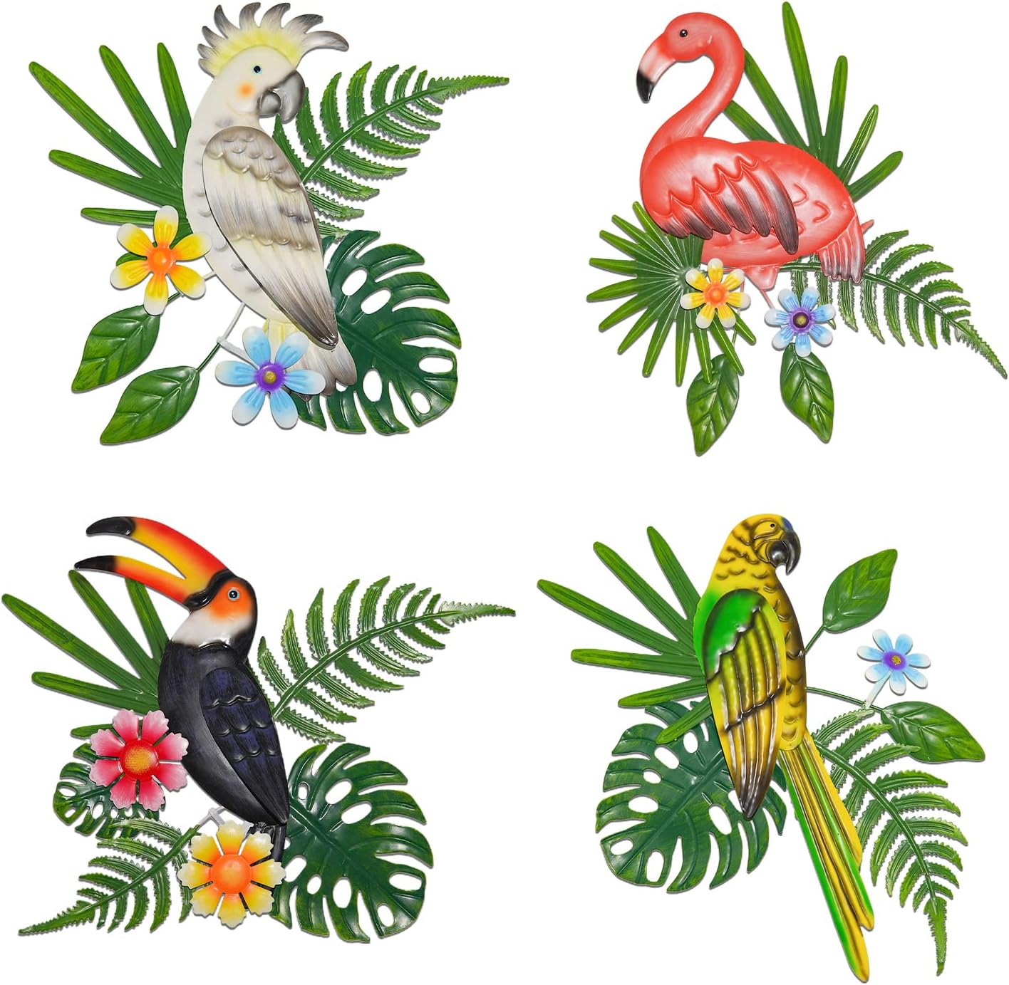 huangpai 4 Pack Flamingo Wall Decor Metal Parrot Art Bird Indoor Outdoor Waterproof