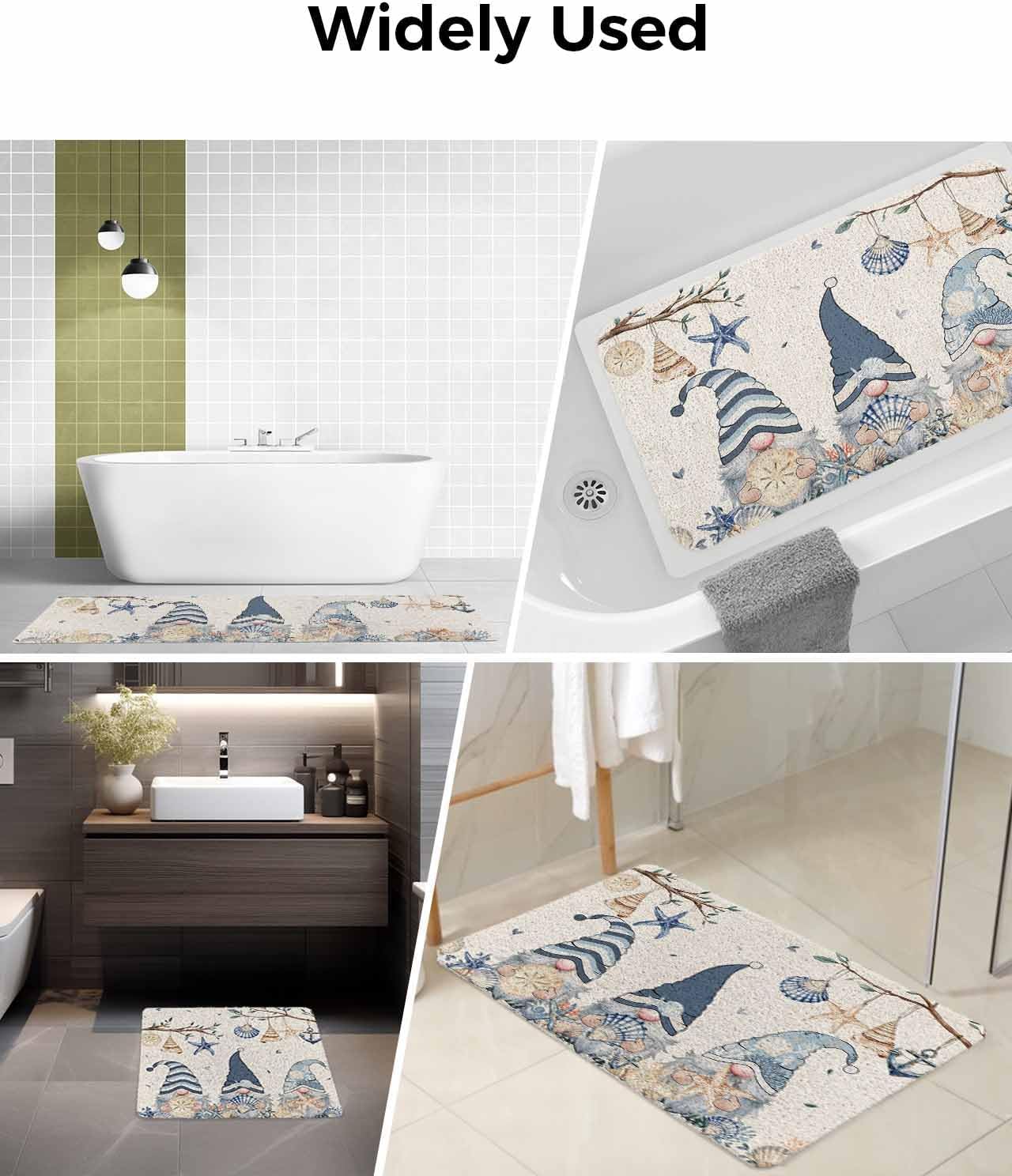 Summer Gnome Non-Slip Bathtub Mat, Ocean Shell Starfish Retro Linen PVC Bath Mat for Tub Quick Drying Shower Mats for Inside Shower, Foot Scrubber Loofah Bathroom Mats 47x16 Inches