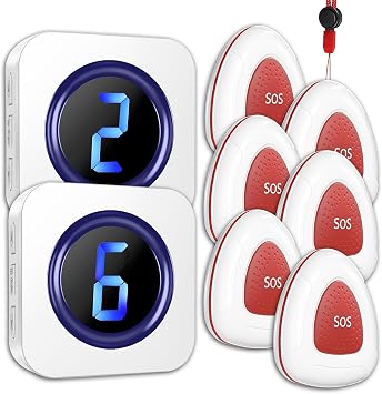 Elderly Monitoring SOS Button Wireless Caregiver Pager,Call Bell for Elderly/Patient/Disabled one-Touch Help Bell with LED Multi-Zone Digital Display.6 SOS Waterproof Button & 2 Receiver...