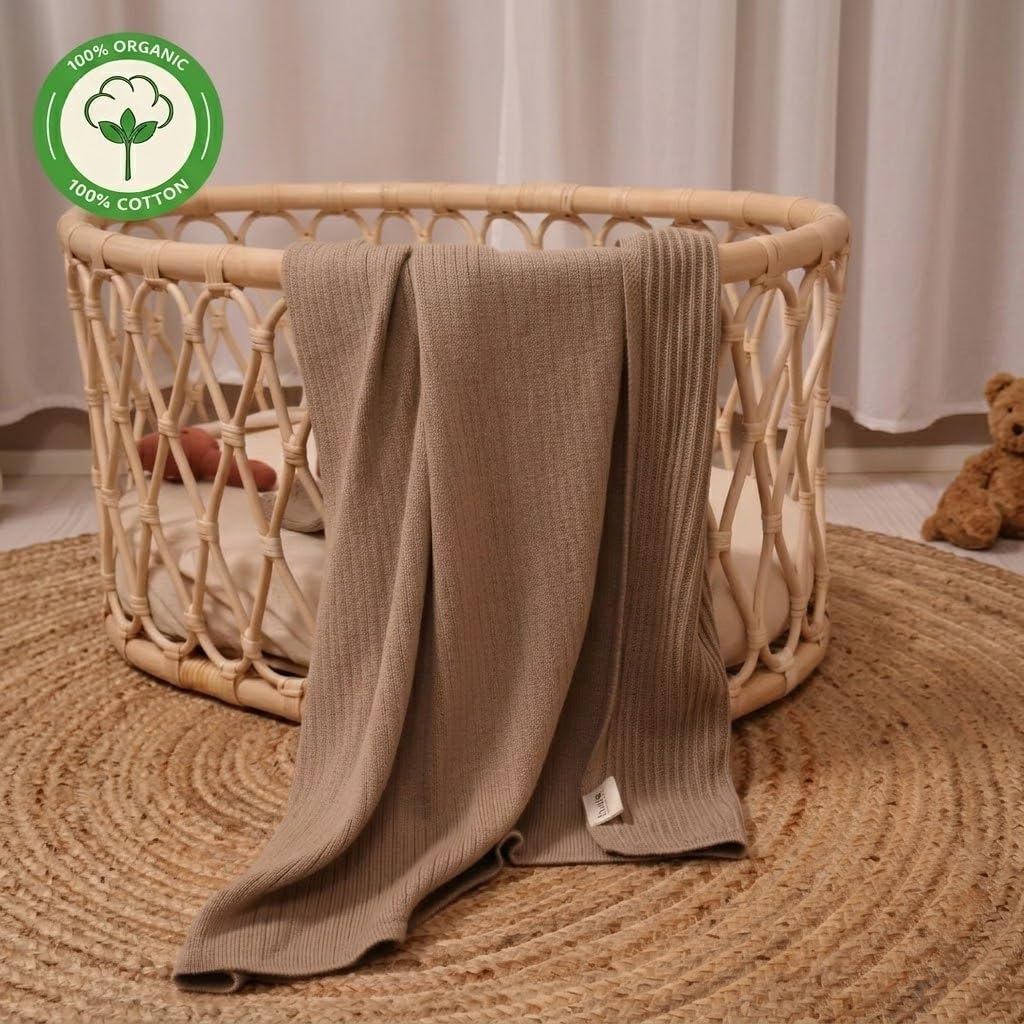 Knitted Organic Cotton Baby Blanket- Swaddle Blanket, 30" x 40" Soft Receiving Blanket for Newborn 2-Pack (Fog/Mochachino)