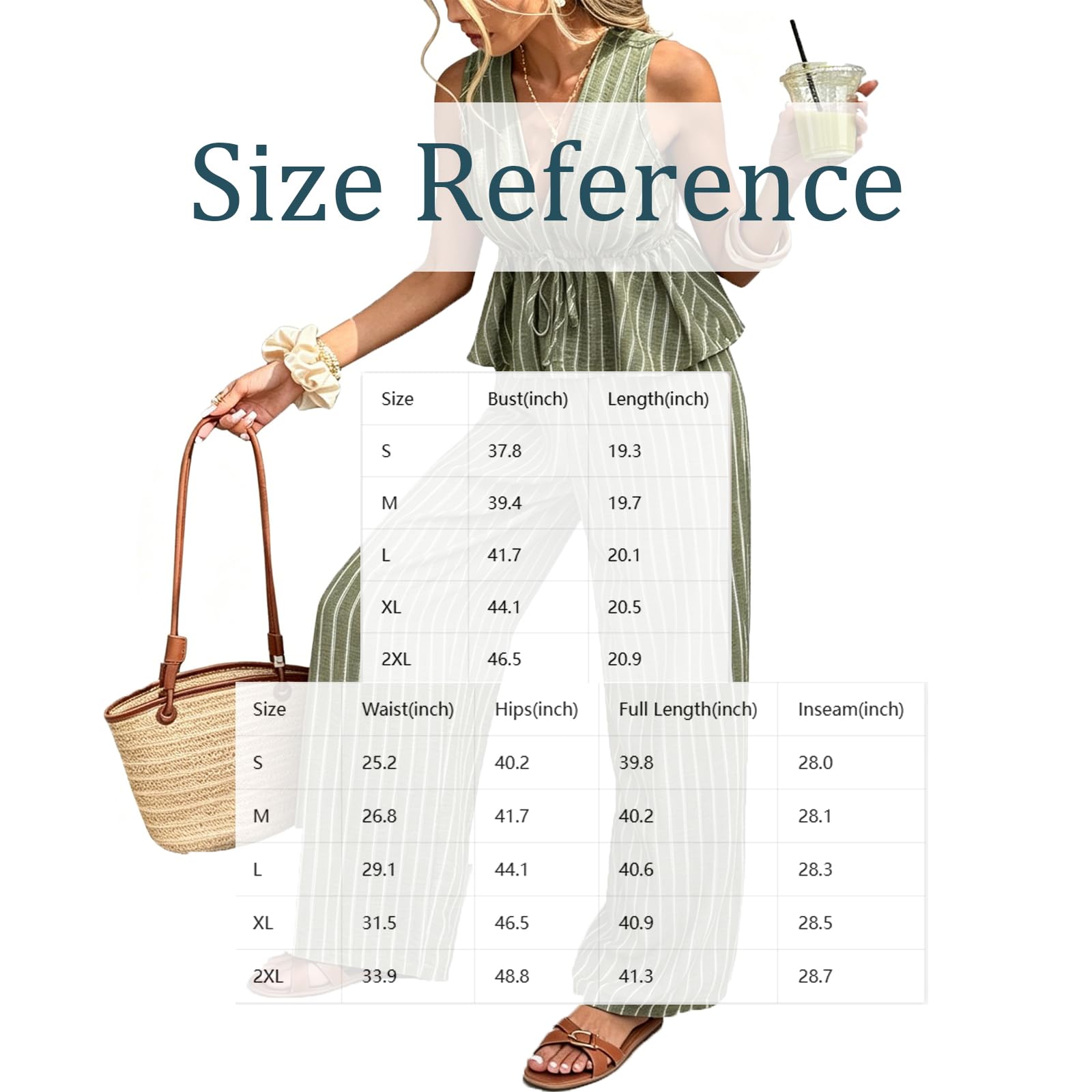 Women's 2 Piece Outfit Striped V Neck Sleeveless Cinched Peplum Tank Top Wide Leg Pants Summer Casual Travel Vacation Set