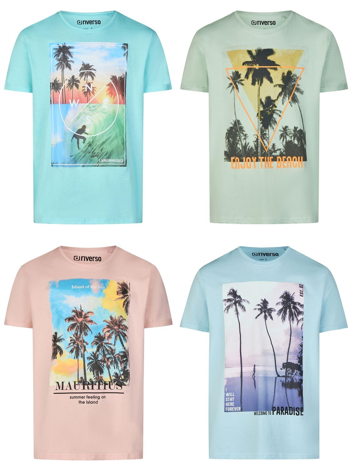 riverso Tshirt Herren Set Baumwolle Regular Fit RIVLukas 4er Pack | Rundhals Kurzarm Sommer Tee Shirt Print Blau Grün Weiß Grau Gelb Türkis S M L XL XXL 3XL 4XL 5XL