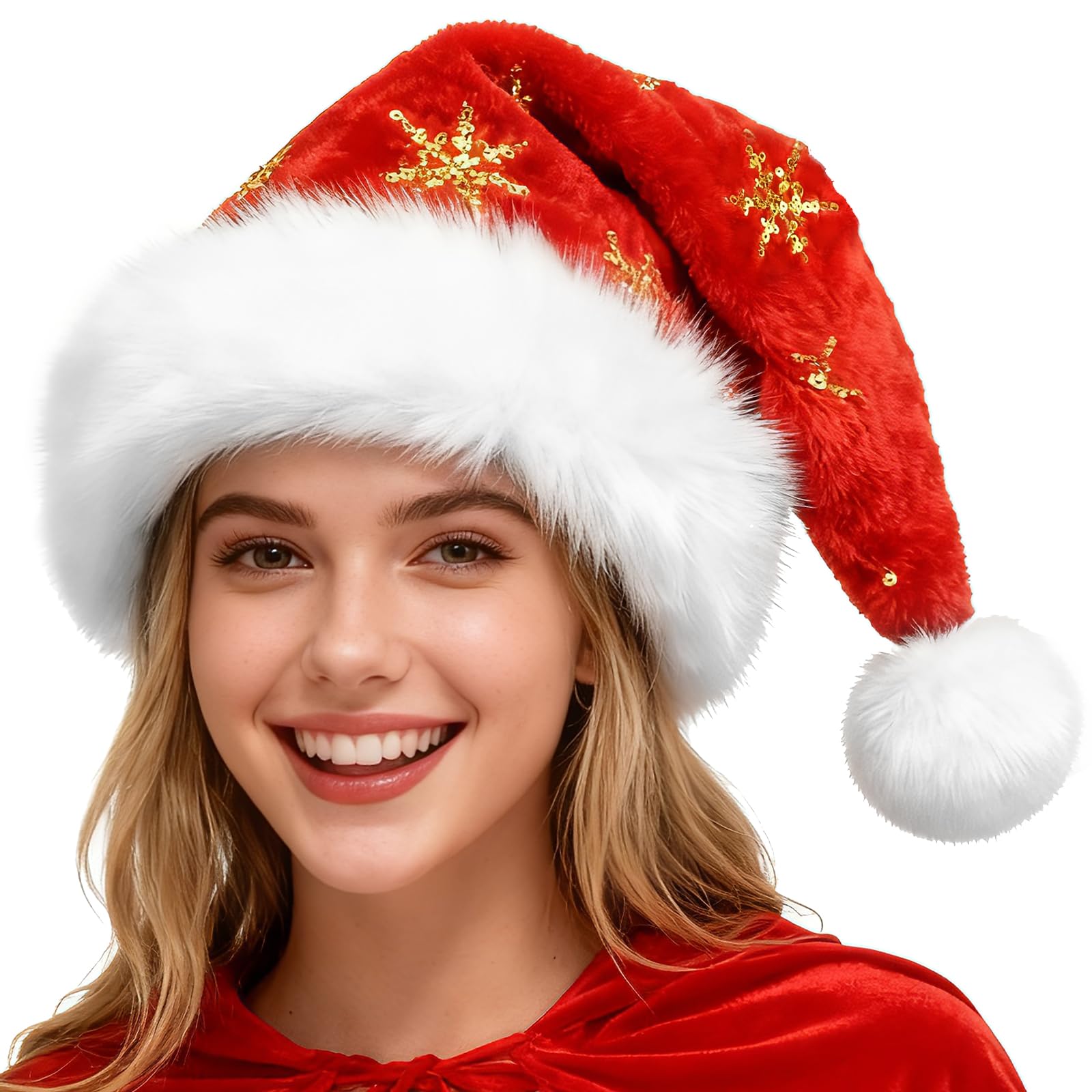Domkier Santa Hat for Adults - Velvet Plush Sequin Santa Hat with Glitter Snowflakes - Xmas Party Supplies