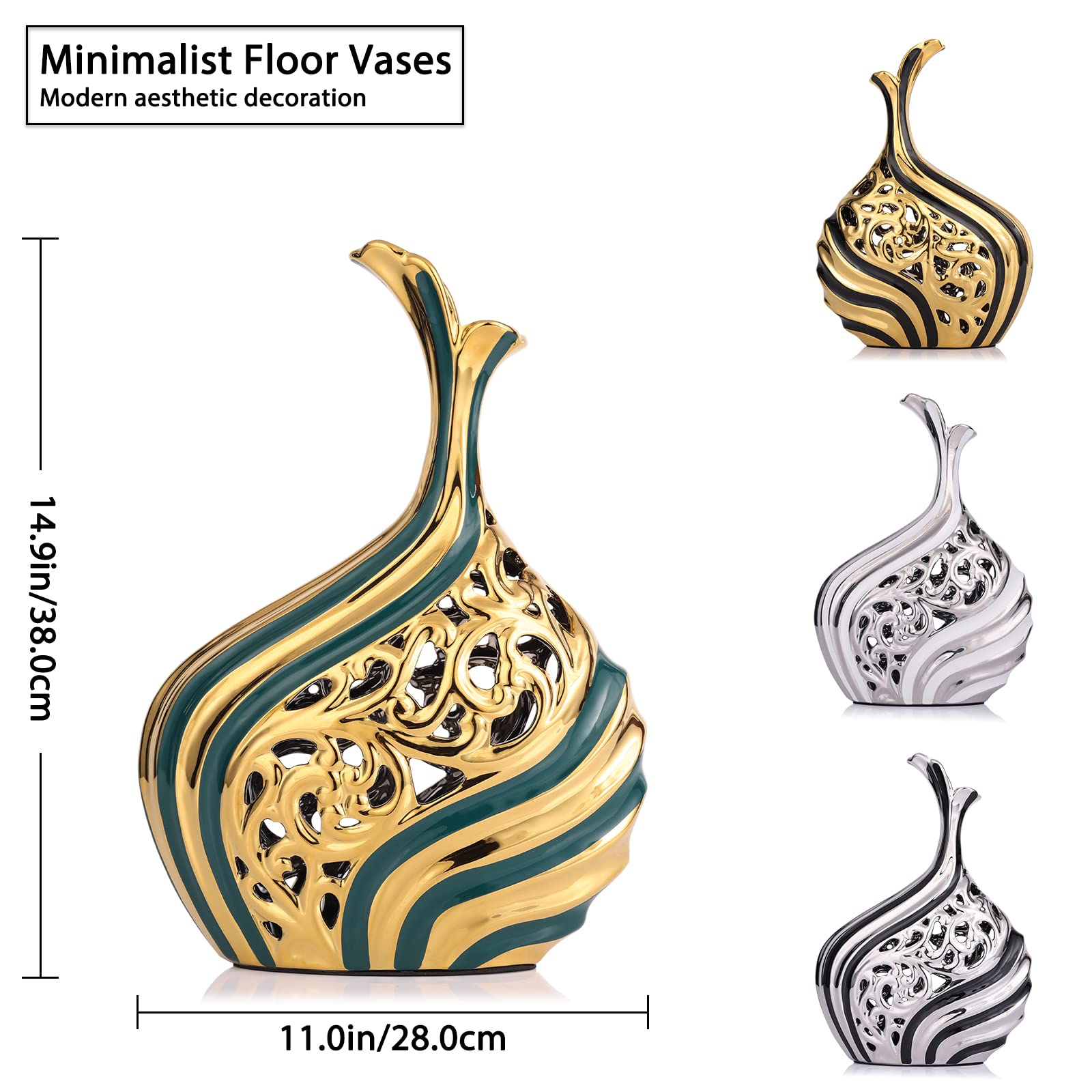LCCCK Jarrón Alto Decorativo de Piso de 38 cm de Altura, Moderno Jarrón Grande de Piso Negro y Dorado, Decoración Premium para Bodas, Jarrón de Flores Individuales para Hierba de Las Pampas
