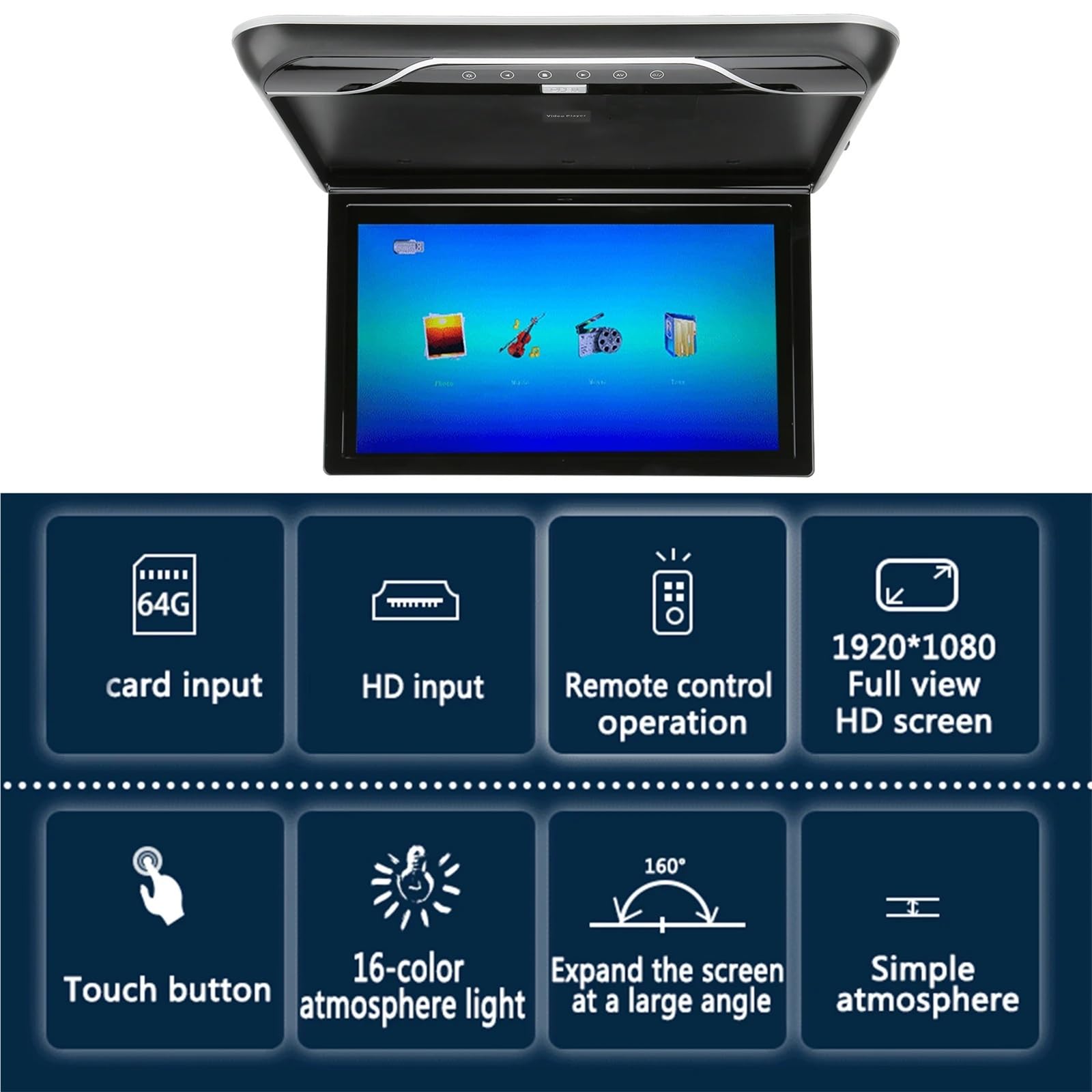 19in Car Roofmount LCD Monitor Down 1080P 16 Color Touch Control Light USB Input Roof Screen Overhead Player(Beige)
