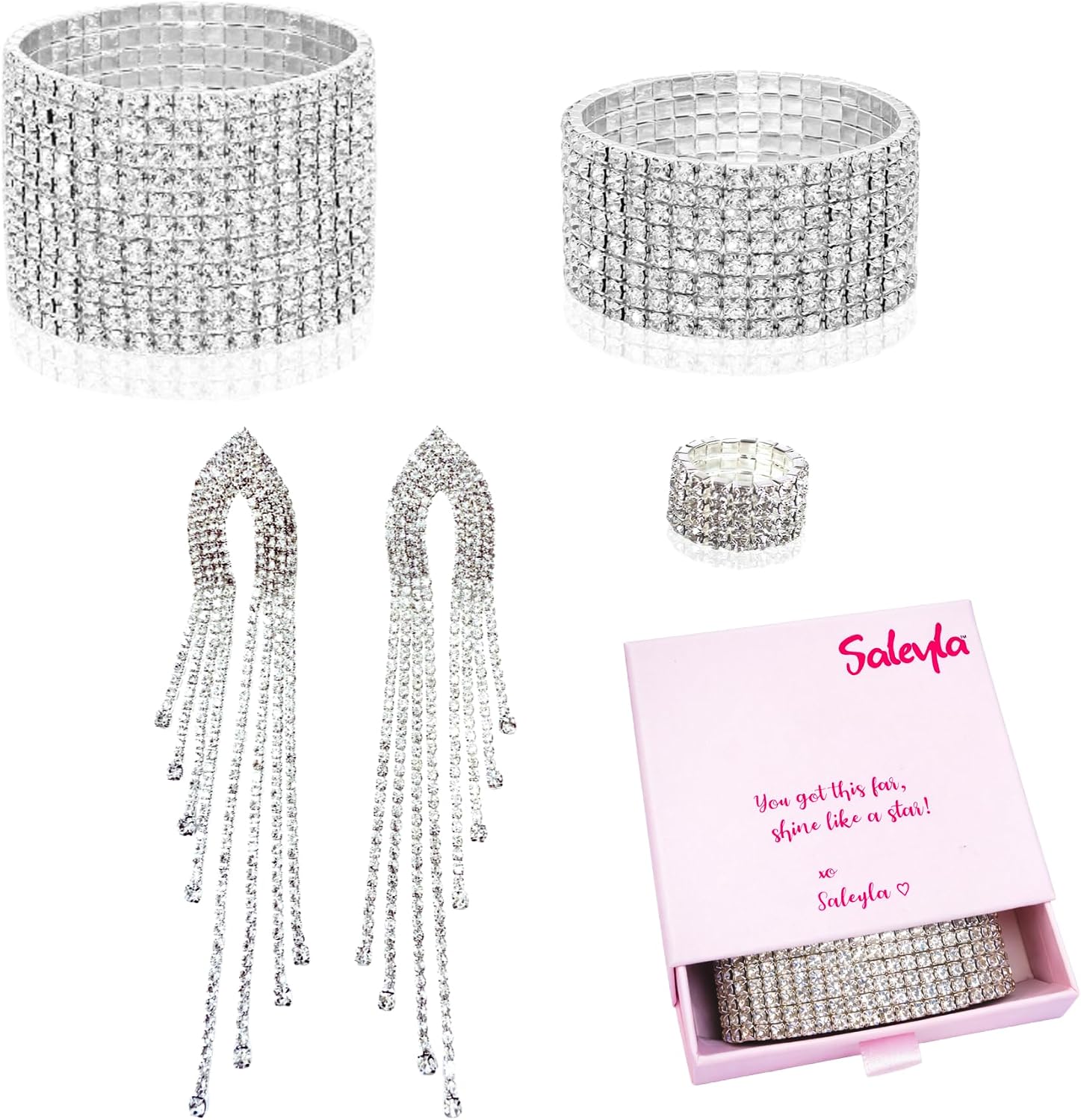 SALEYLA Competition Jewelry for NPC & Fitness Shows – Draping Earrings, Crystal Ring, 2 Stretch Bracelets & Pink Gift Box– Ideal Bikini Stage Accessories