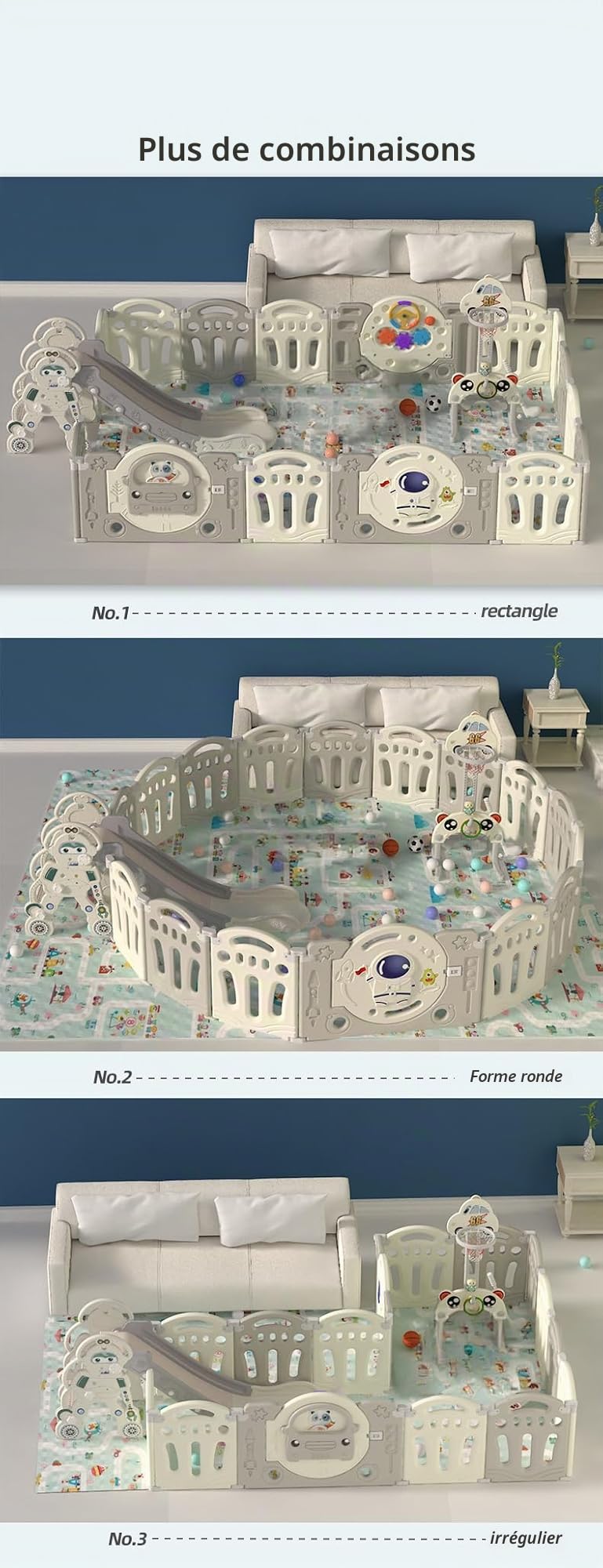 Parc Bebe Pliable, Grand Parc Bebe et Enfant Modulable avec Tapis, Centre D'activités pour Intérieur/Extérieur avec toboggan et panier de basket
