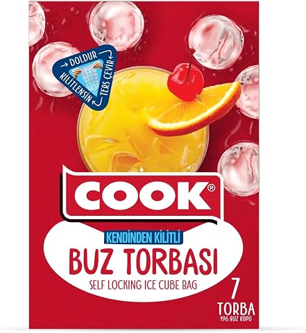 Cook Kendinden Kilitli Buz Torbası, 7 Yaprak, 28 Buz Küpü, Toplam 196 Küp, Zip Kilit