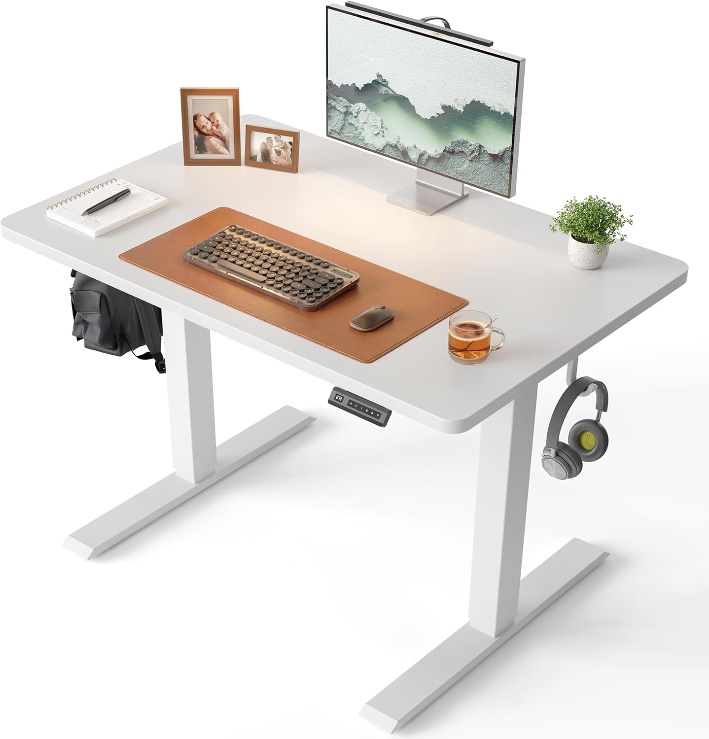 CubiCubi 32 x 20 Small One-Piece Standing Desk, Adjustable Height Electric Computer Sit Stand up Home Office Workstation, with 4 Memory Presets, Headphone Hook, White