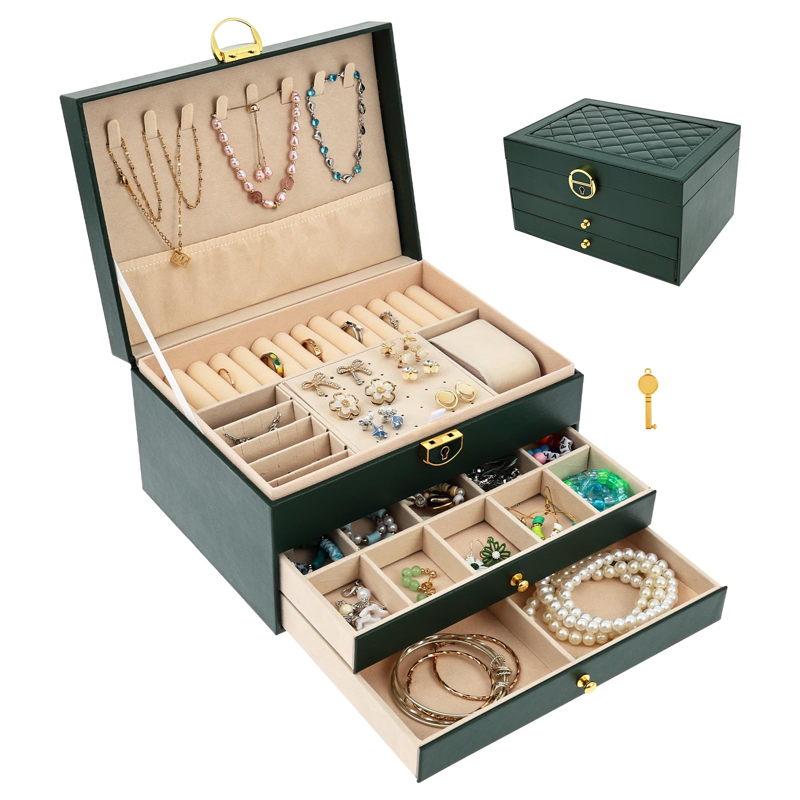 Anihet 3 Layers Jewellery Box, Large PU Leather Jewellry Storage Organizer with 2 Drawers, Elegant Jewelry Storage Case for Necklaces, Bracelets, Rings and Earrings, Gifts for Women(Green)