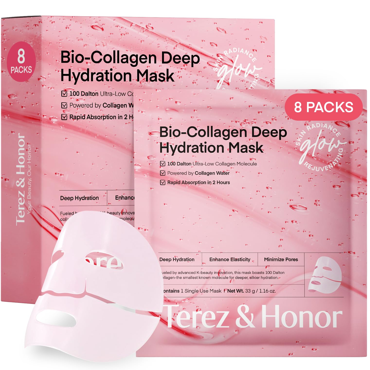 Terez & Honor Collagen Face Mask Overnight - 8 ea x 33g 100 Dalton Ultra Low Bio Collagen Gel Mask for Glass Glow Skin, Deep Hydration, Wrinkle, Fine