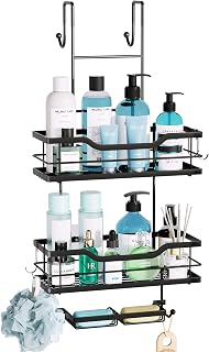 3-Tier Hanging Shower Caddy Over the Door, Large Capacity Hanging Shower Organizer With 2 Soap Holder & 8 Hooks Rustproof Easy Installation Over Door Shower Shelf for Bathroom, Black