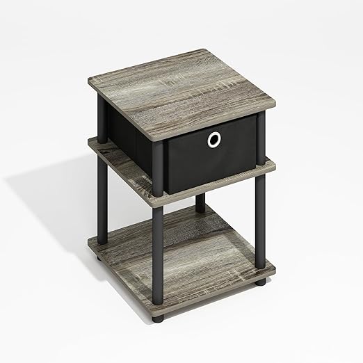 Furinno Turn-N-Tube 3-Tier End Table with Storage Bin, Grey Oak/Black/Black