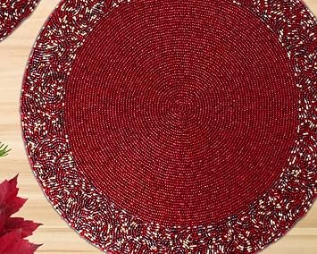 Set of Two Christmas Handmade Beaded placemat, Round red placemat, red Beaded mat, Table Decoration, Gift for her, Home decor Table Topper Charger ZARIMOON