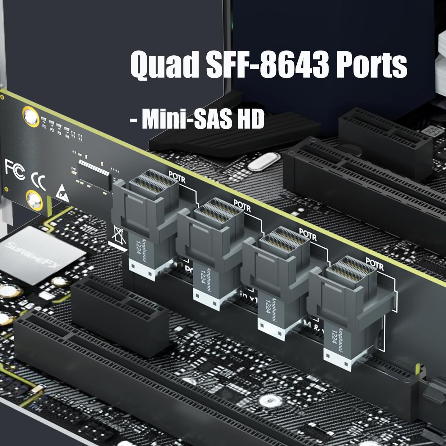 GLOTRENDS SF04 4-Port SFF-8643(Mini-SAS HD) to PCIE 4.0 X16 Adapter Card Without PCIe Bifurcation Function, Regular and Low-profible Bracket