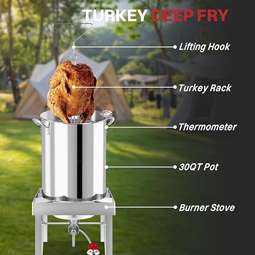Miniatura 5 de Kit de freidora de pavo 30QT  Acero inoxidable  Cubierta  Skimmer  Quemador de 50,000 BTU  Freidoras al aire libre con cesta  Olla para hervir