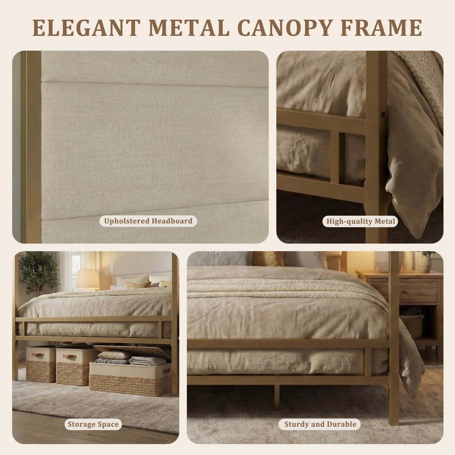 Canopy Bed Frame King, Tall Velvet Upholstered Headboard, 4-Post Metal Platform Bed Frame, Noise Free, Box Spring Needed (Gold+Beige, King)