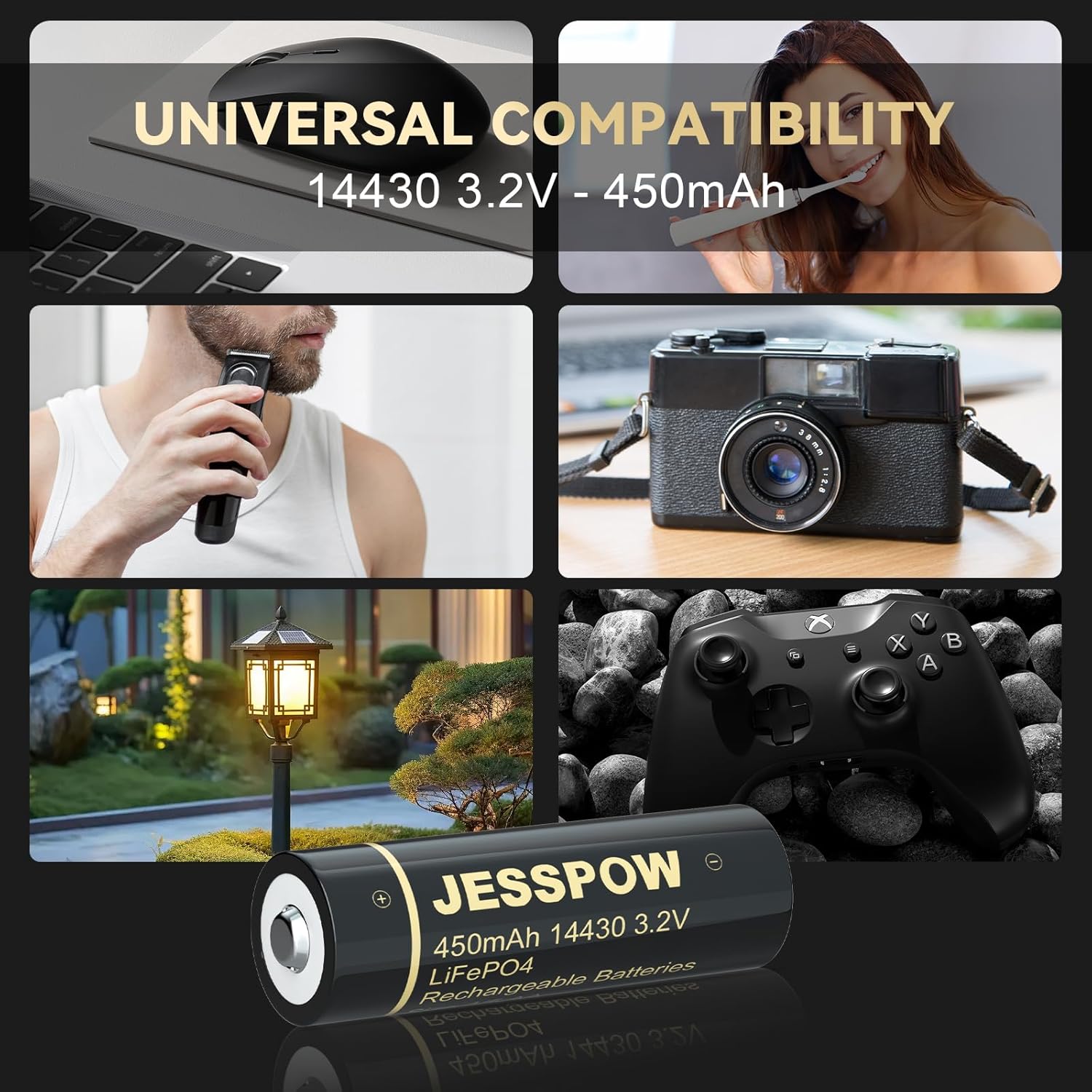 14430 3.2 Volt Rechargeable Solar Battery with Charger, JESSPOW Rechargeable LiFePo4 Batteries [ 450mAh 3.2V 8Pack ] for Outdoor Garden Light, Solar Panel Light, Shaver, Flashlight (NOT AA Battery)