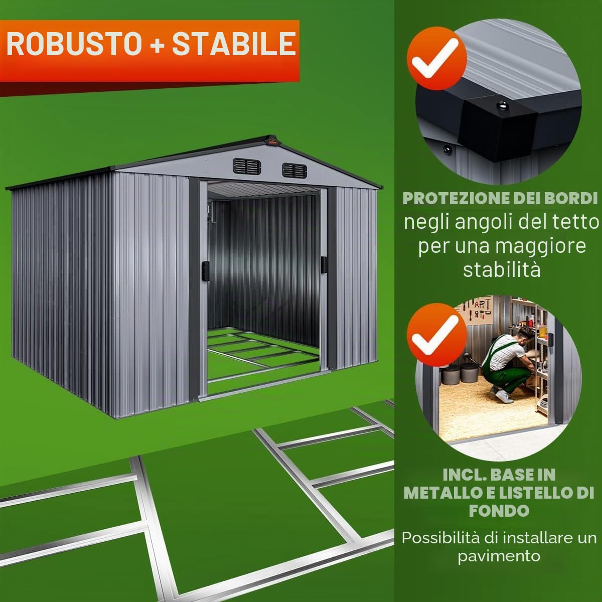 GARDEBRUK® Casetta per Attrezzi da Giardino Capanno in Metallo da Esterno 5m² con Base 260x205x180cm Capannone XXL